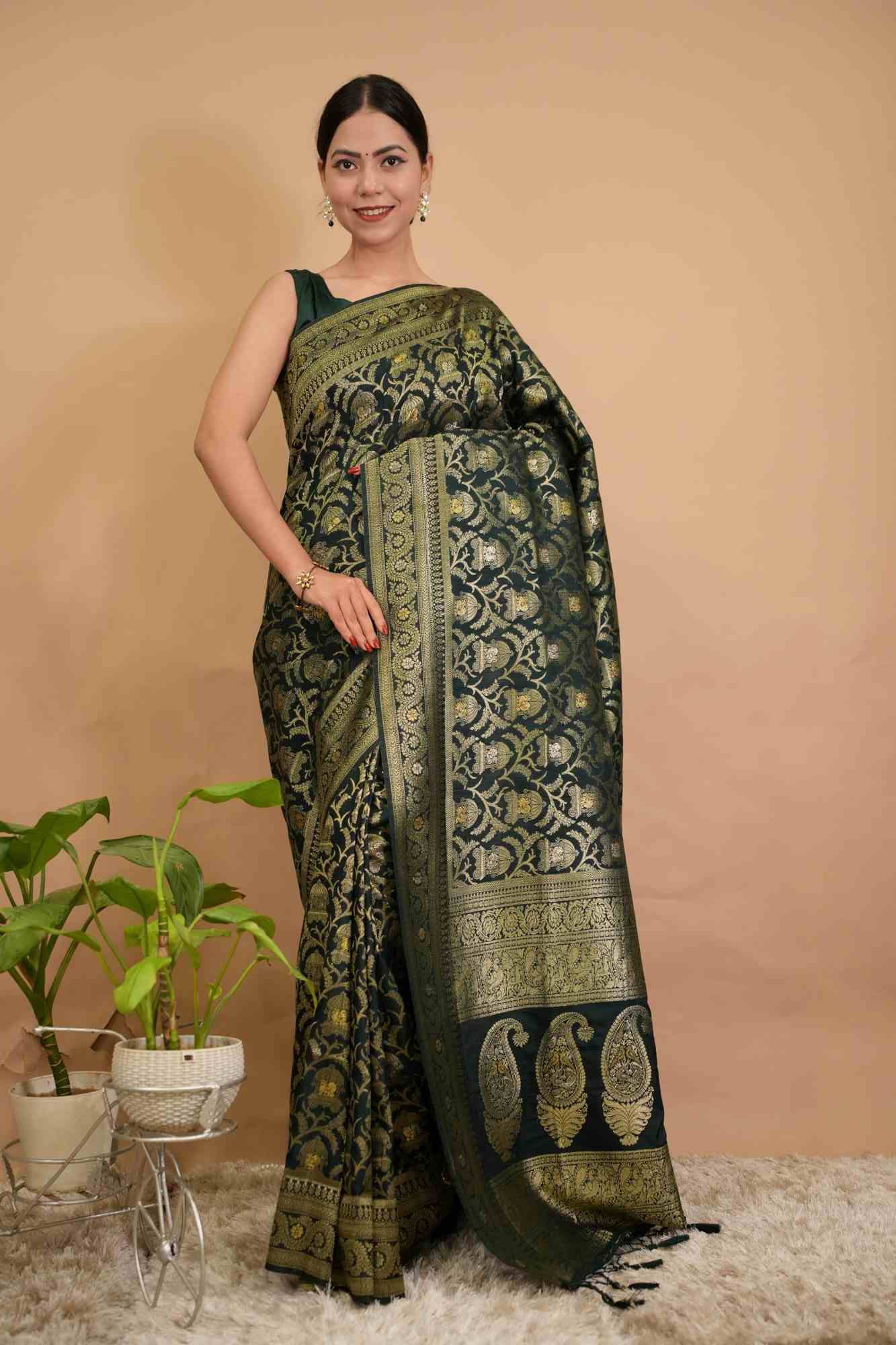 Bottle Green Overall Zari Motif Woven With Banarasi Border Tassel on pallu Ready To Wear Saree