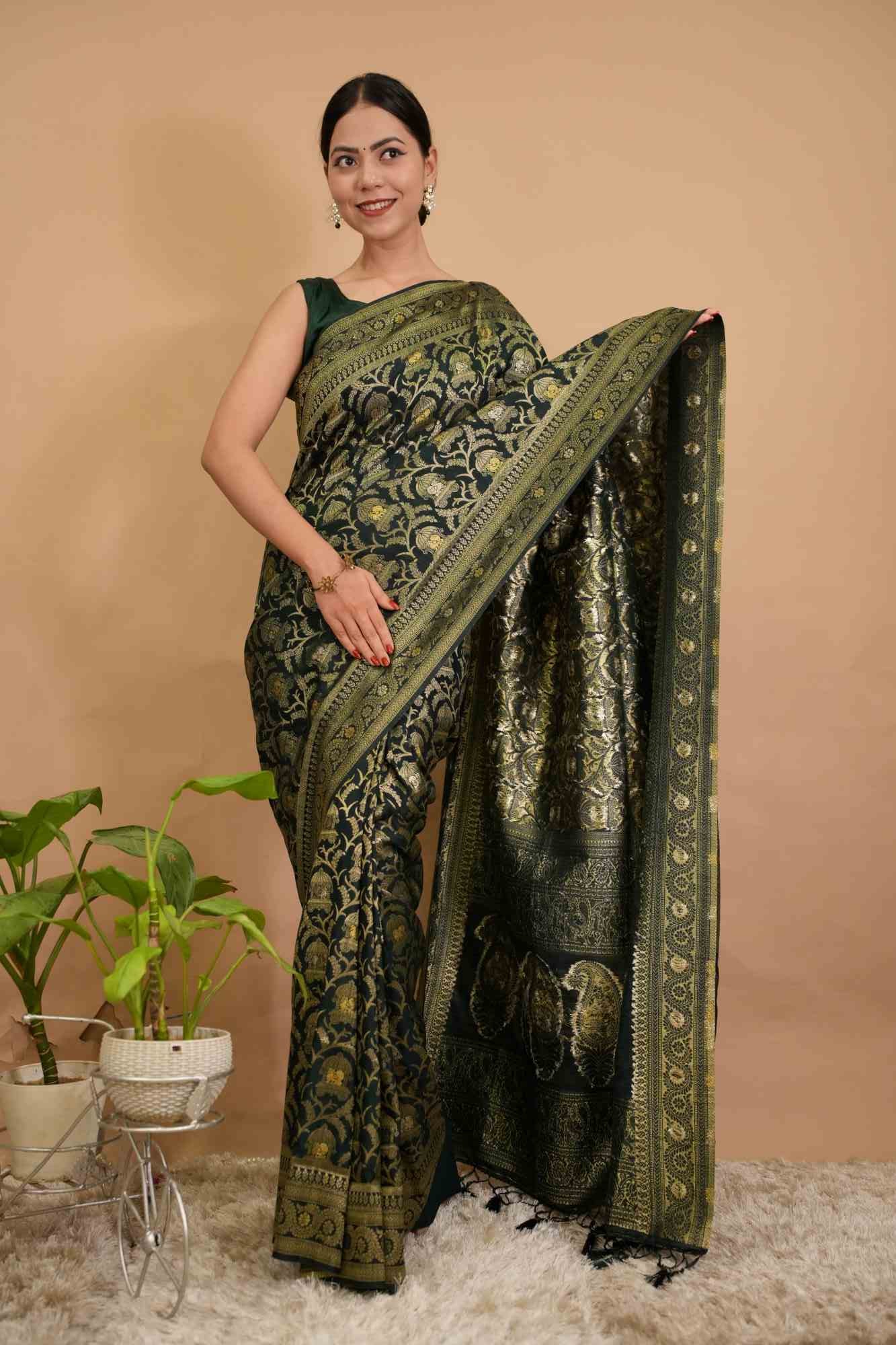 Bottle Green Overall Zari Motif Woven With Banarasi Border Tassel on pallu Ready To Wear Saree