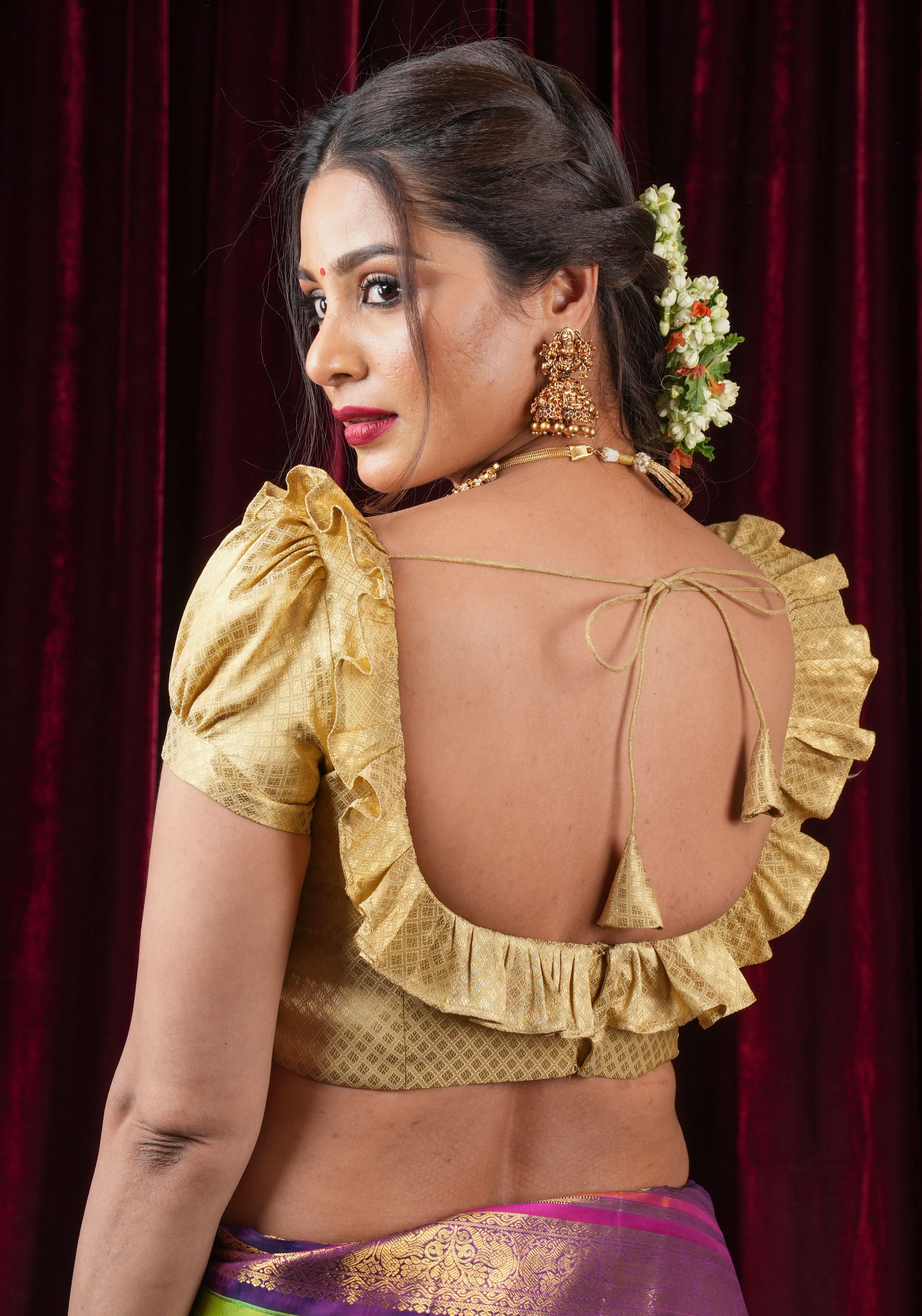 Gold Blouse with Scoop Neck frill detailing and puff sleeves , Made to Order | Shobitam