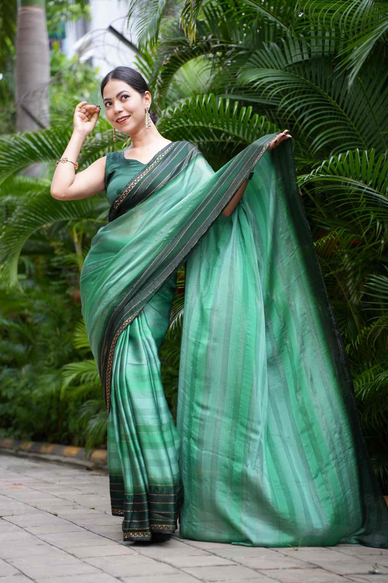 Ombre Green Shade With Shimmery Striped Soft Chiffon Stone Detailed Border Pre Drape Saree