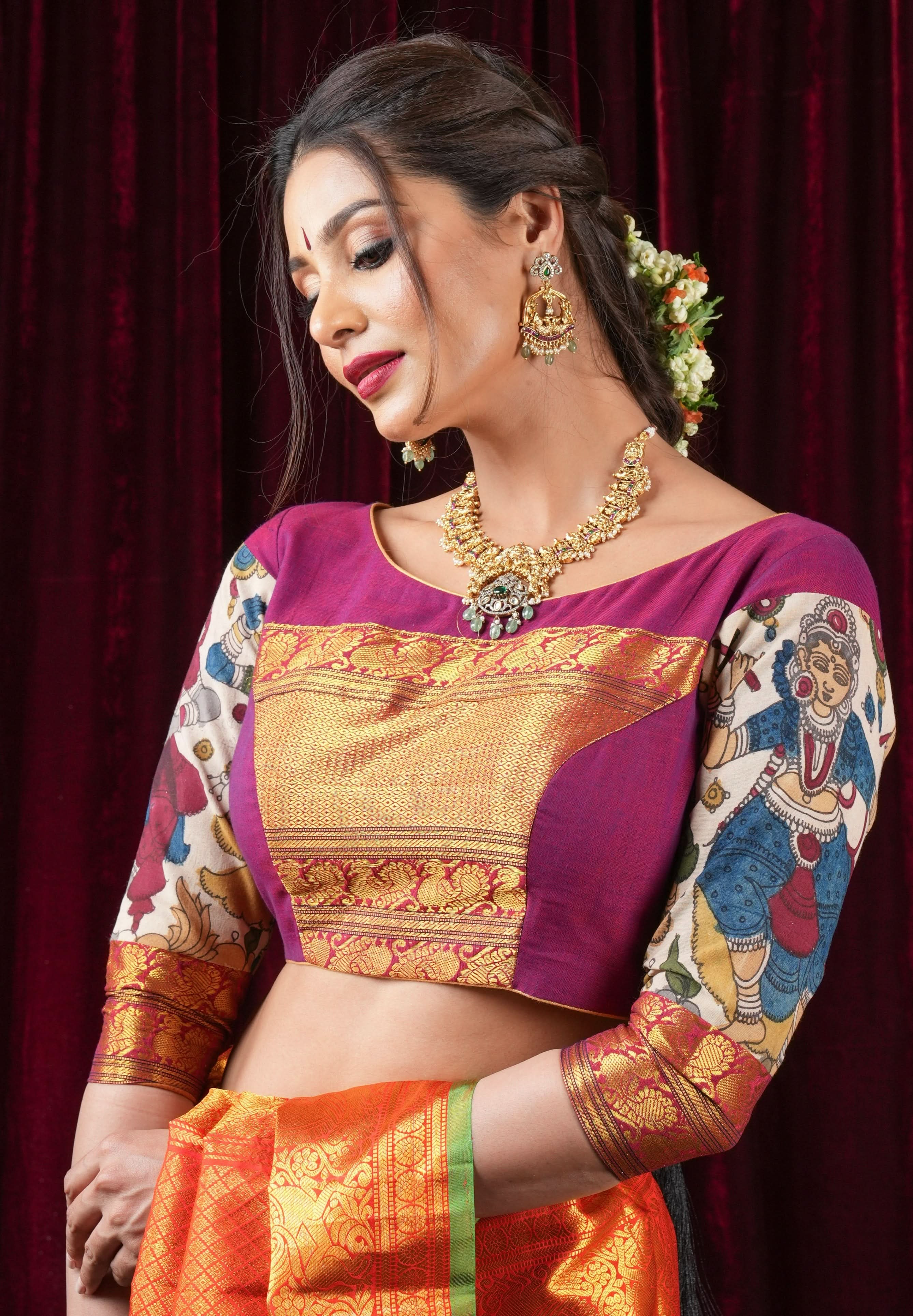 Pen Kalamkari and Plum Narayanpet Cotton Blouse with Zari detailing, Made to Order | Shobitam