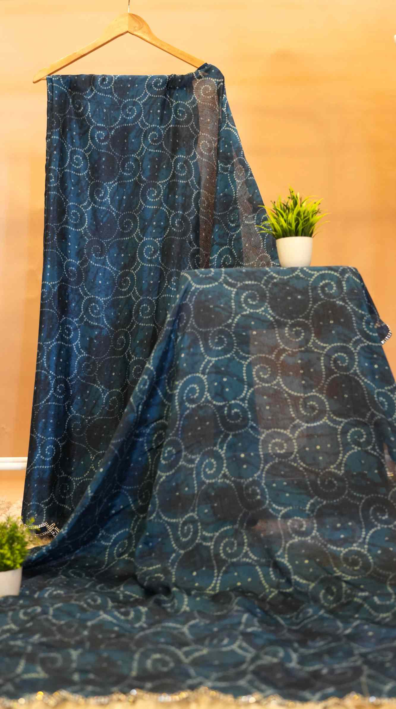 Beautiful Blue Bandhej Printed Soft Chinon with Sequins border Wrap In One Minute Saree