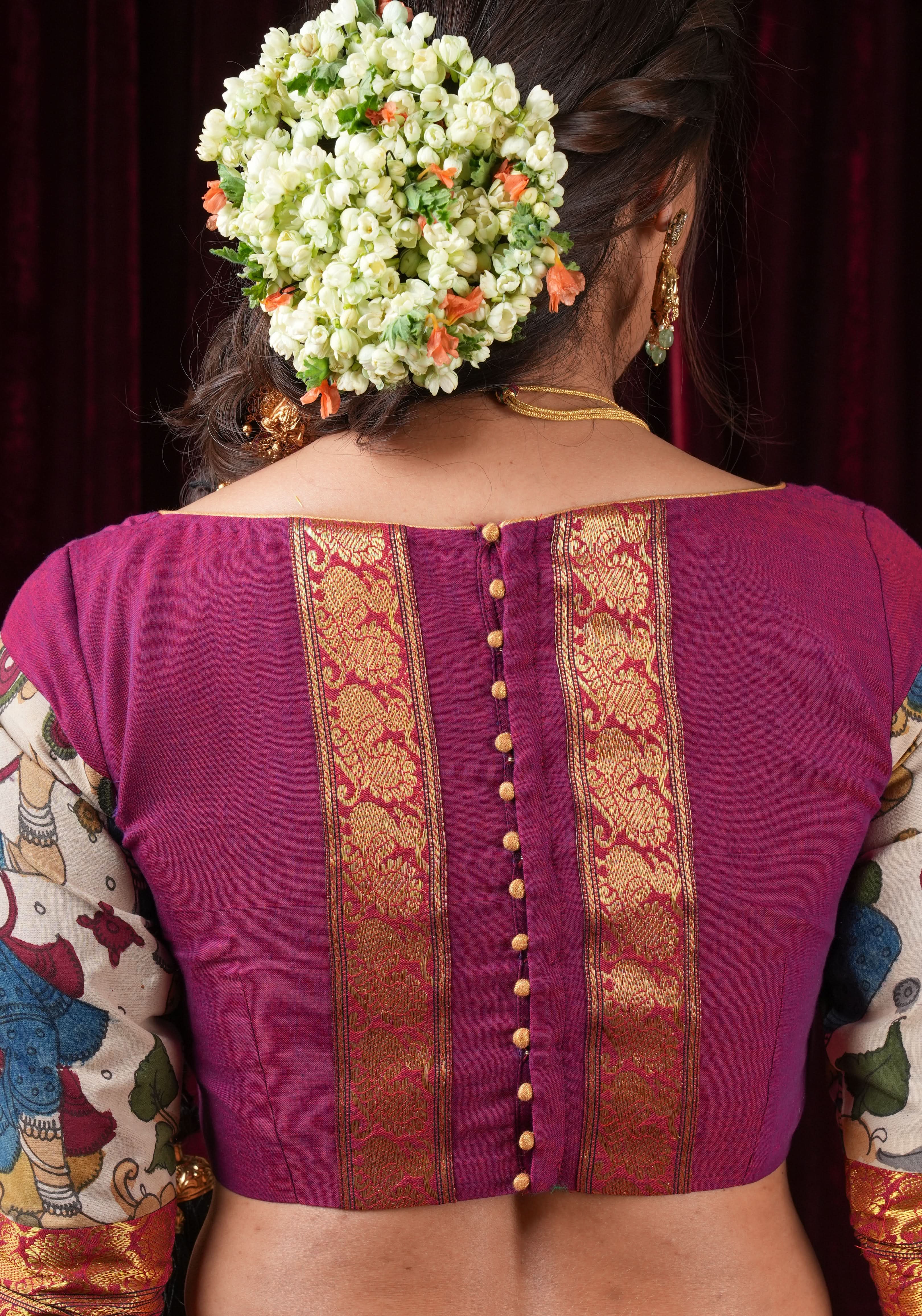 Pen Kalamkari and Plum Narayanpet Cotton Blouse with Zari detailing, Made to Order | Shobitam
