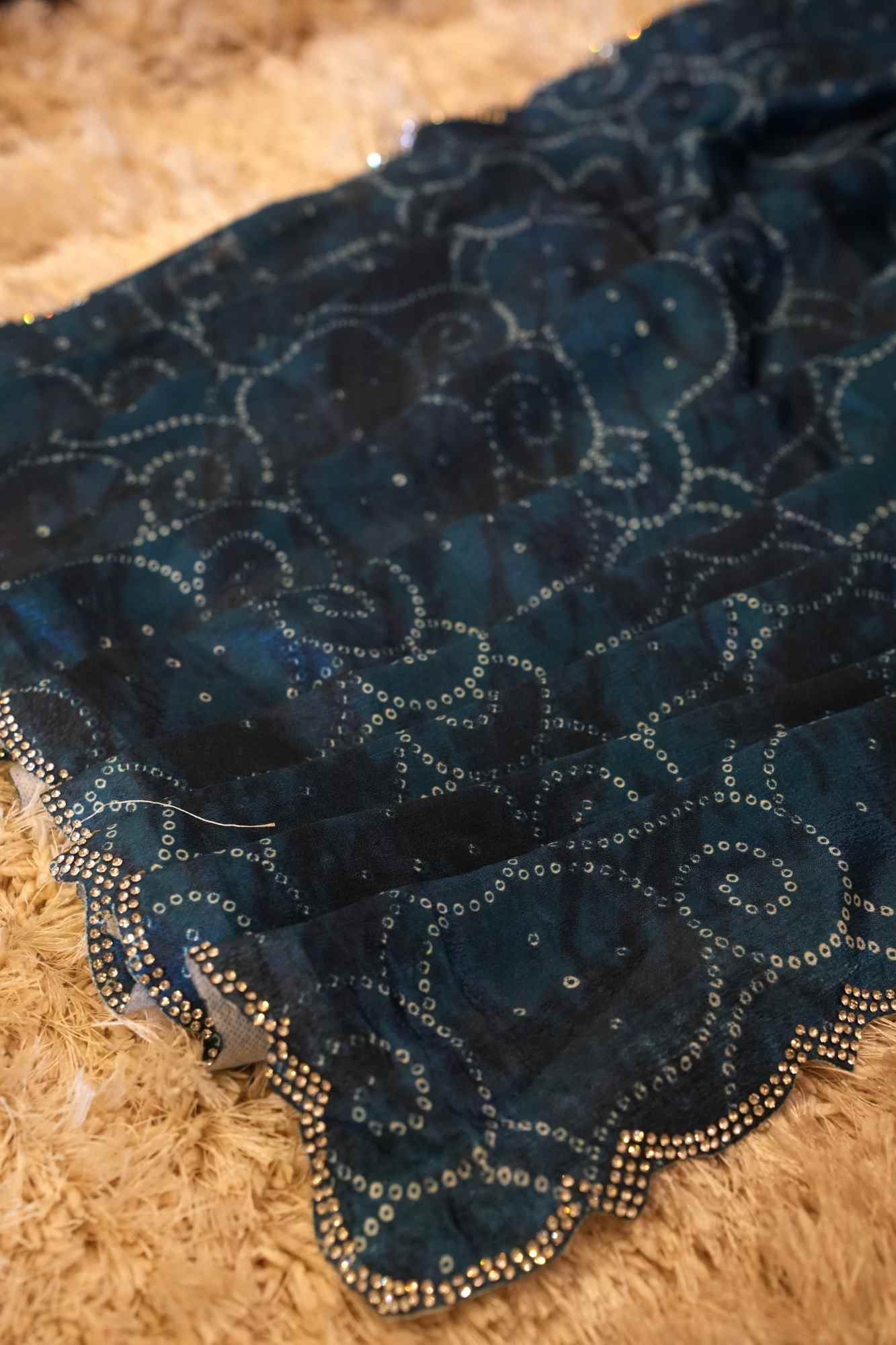 Beautiful Blue Bandhej Printed Soft Chinon with Sequins border Wrap In One Minute Saree