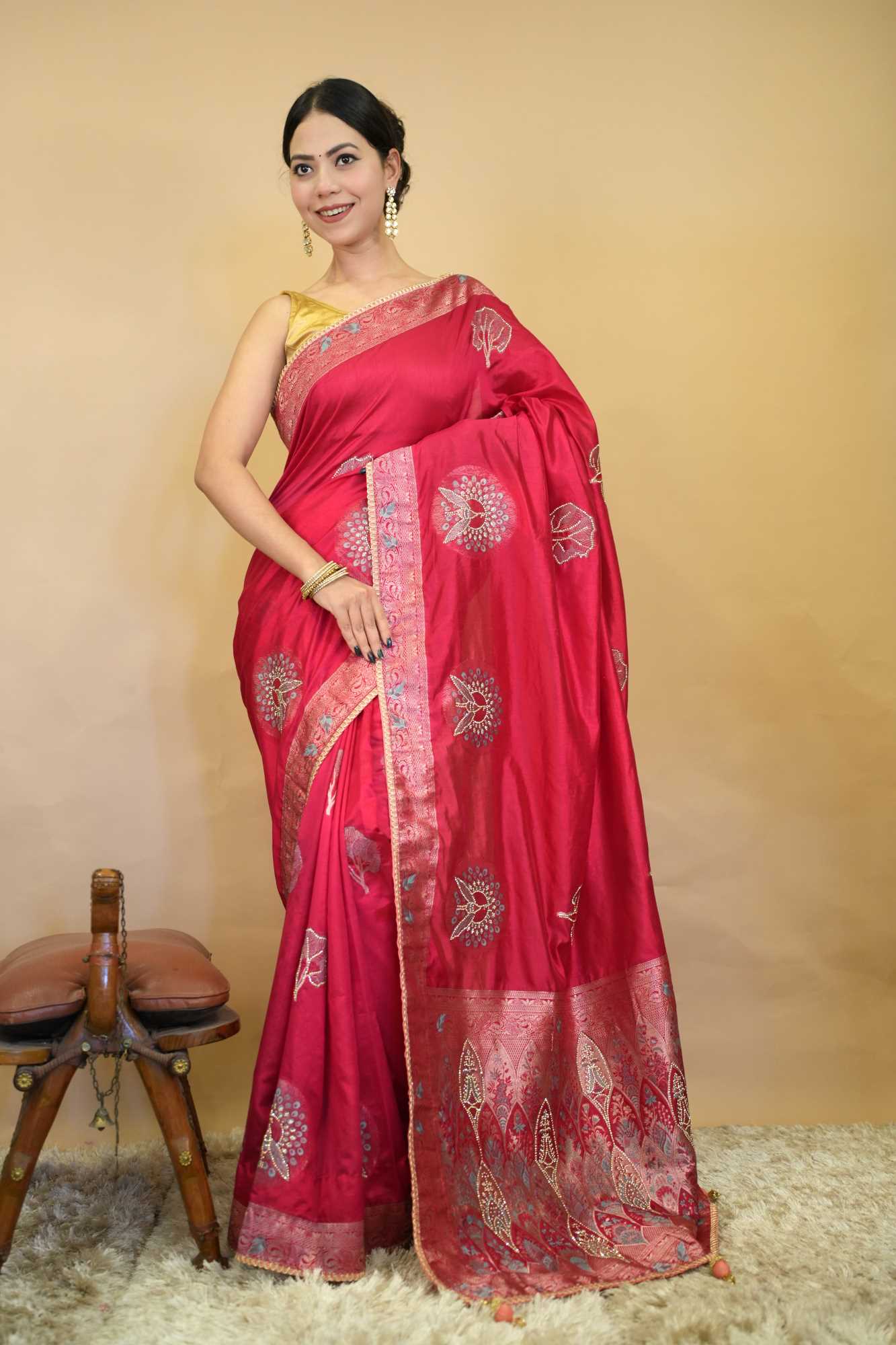 Pink Cotton Silk With Motif Overall Stone Embellished & Zari Border Ornate Palla Ready To Wear Saree