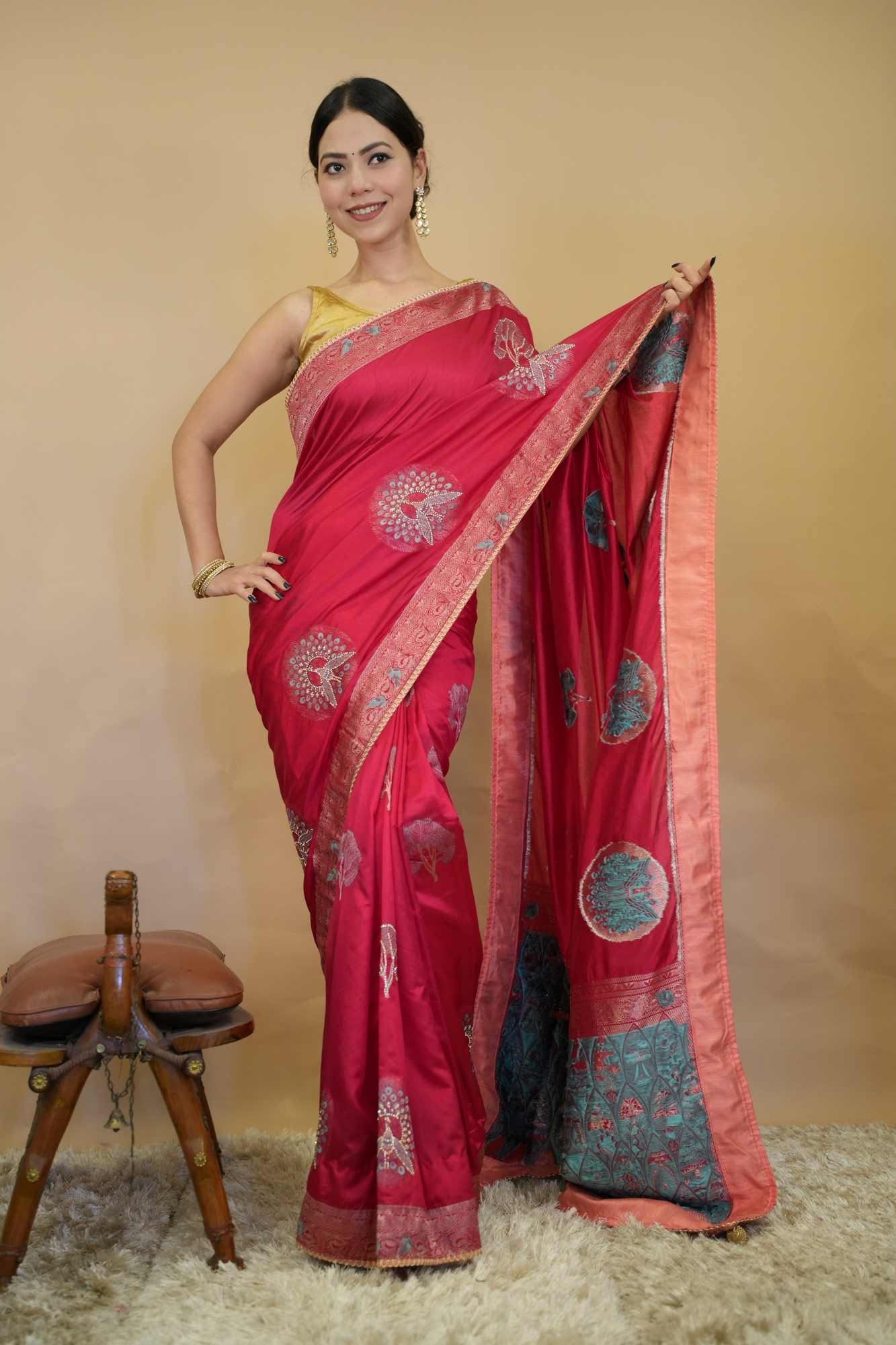 Pink Cotton Silk With Motif Overall Stone Embellished & Zari Border Ornate Palla Ready To Wear Saree