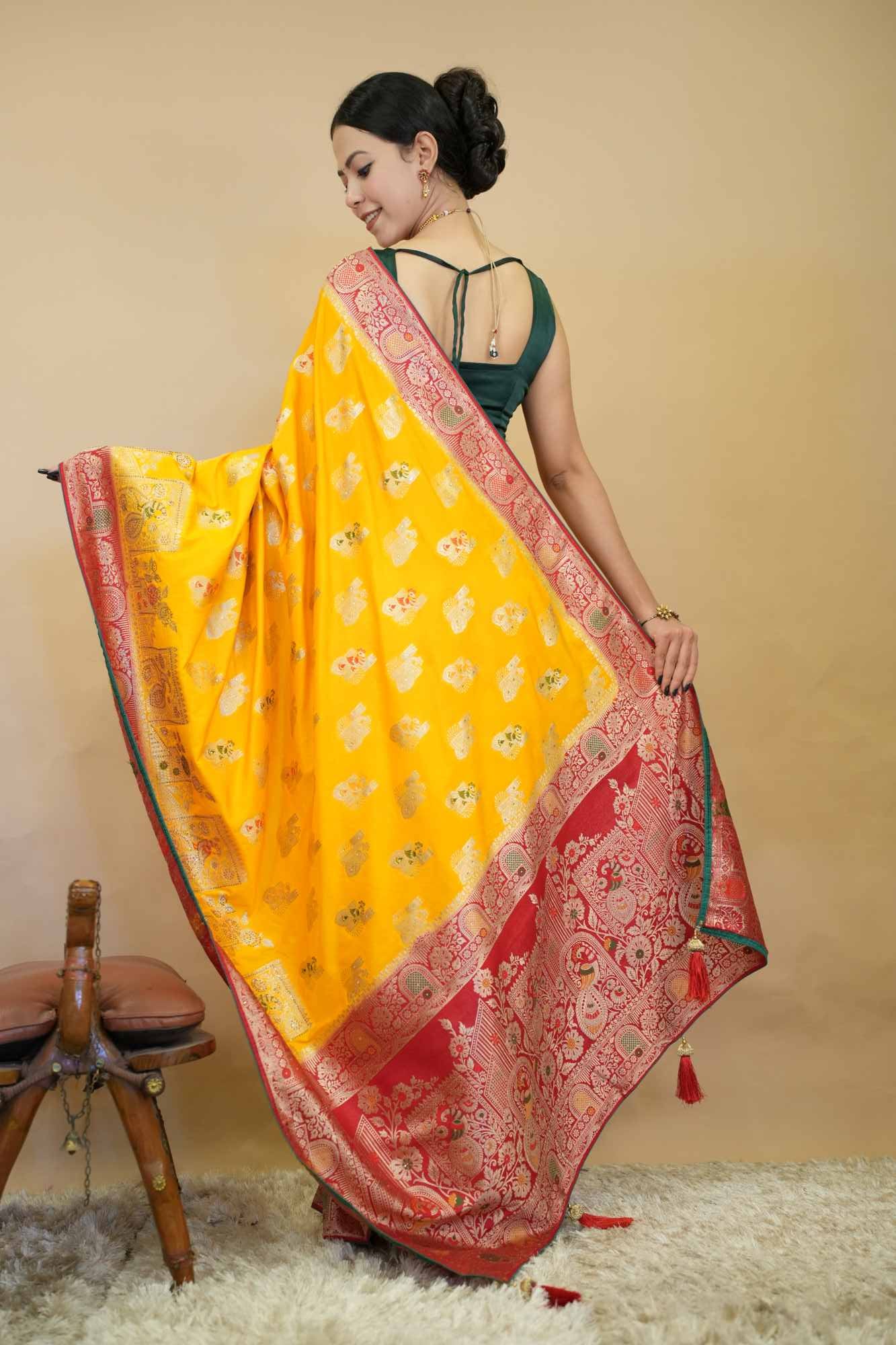 Golden Yellow Zari Woven Red Contrast Meenakari work Banarasi Pre Drape ready to wear saree