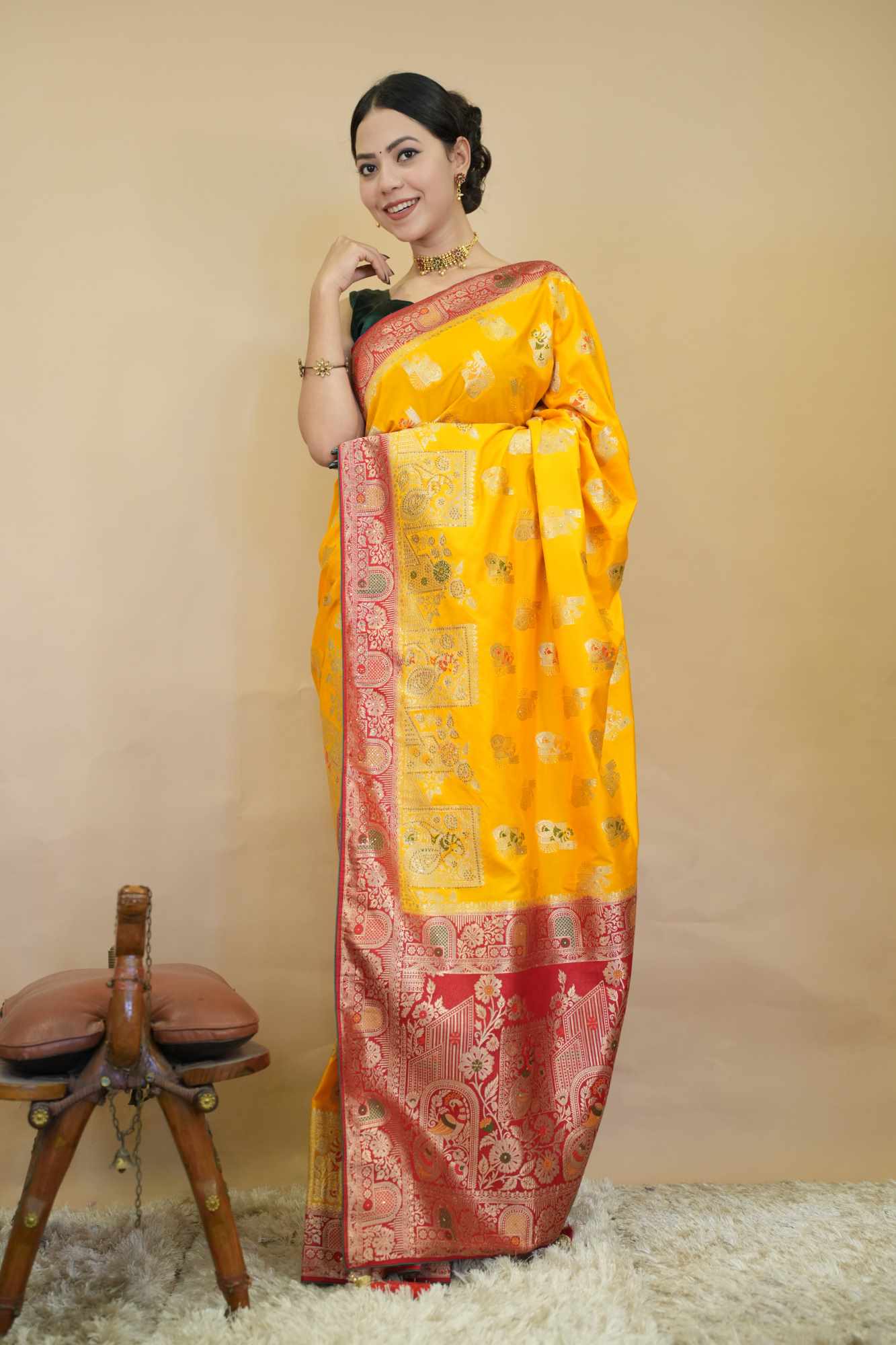 Golden Yellow Zari Woven Red Contrast Meenakari work Banarasi Pre Drape ready to wear saree