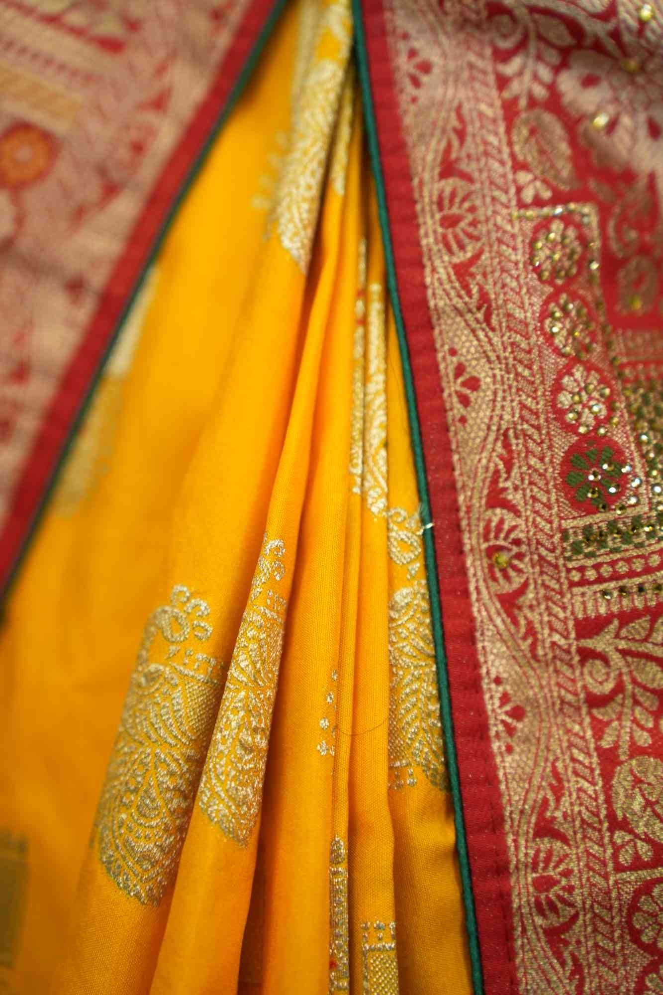 Golden Yellow Zari Woven Red Contrast Meenakari work Banarasi Pre Drape ready to wear saree