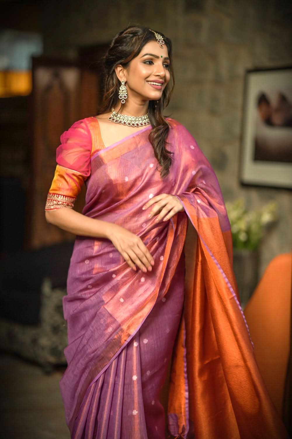 Amethyst Copper Tissue Stunning Tissue Linen Saree with Chunri Butis and Full Tissue Pallu | Shobitam