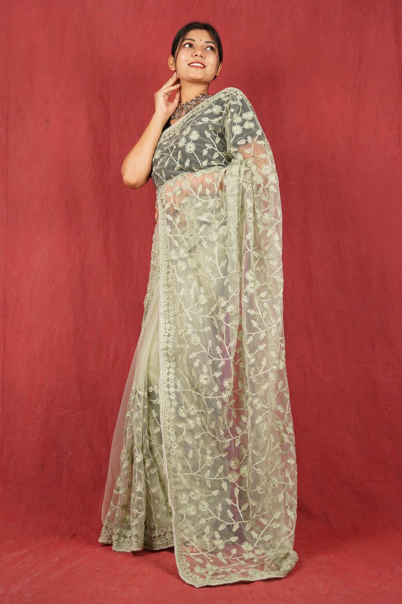 Ready To Wear Green Floral  Soft Net Embroidered  glamorous Wrap in 1 minute saree - Isadora Life Online Shopping Store