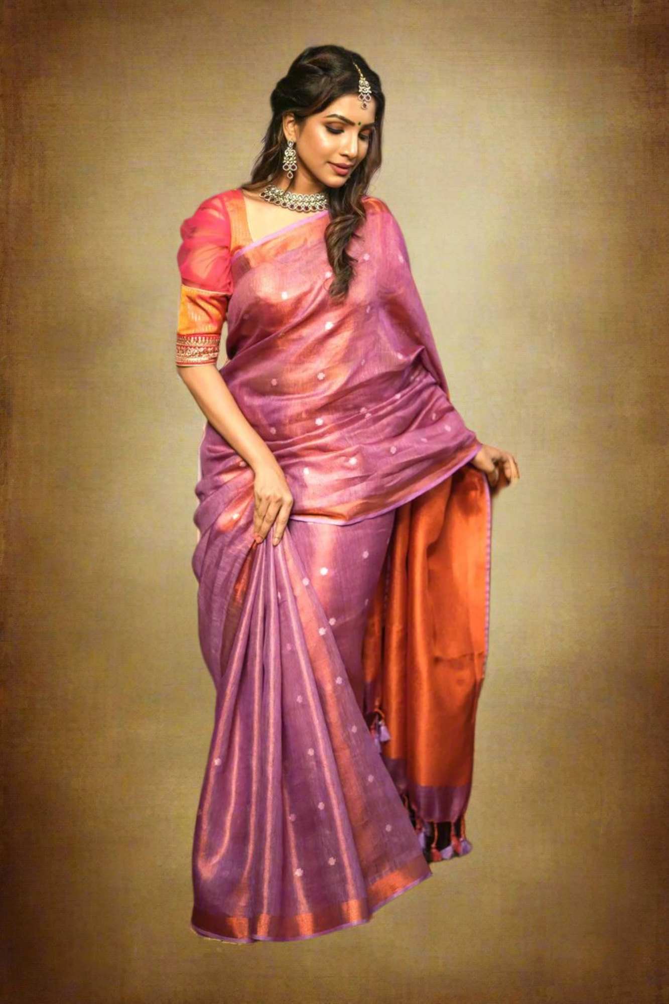 Prestitched Saree amethyst Copper Tissue Stunning Linen Saree with Chunri Butis and  Tissue on Pallu! Wrap in 1 minute saree