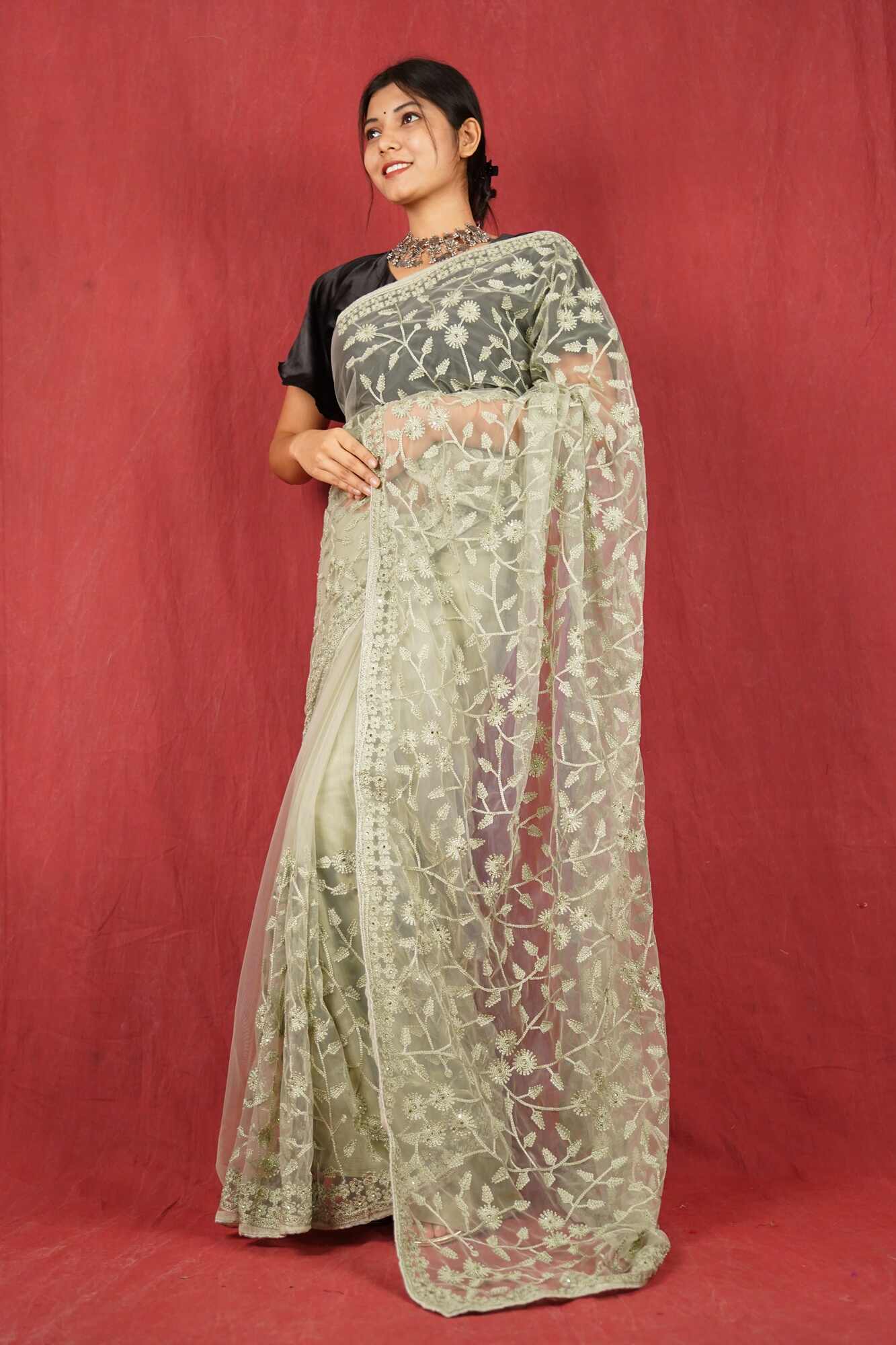 Ready To Wear Green Floral  Soft Net Embroidered  glamorous Wrap in 1 minute saree - Isadora Life Online Shopping Store