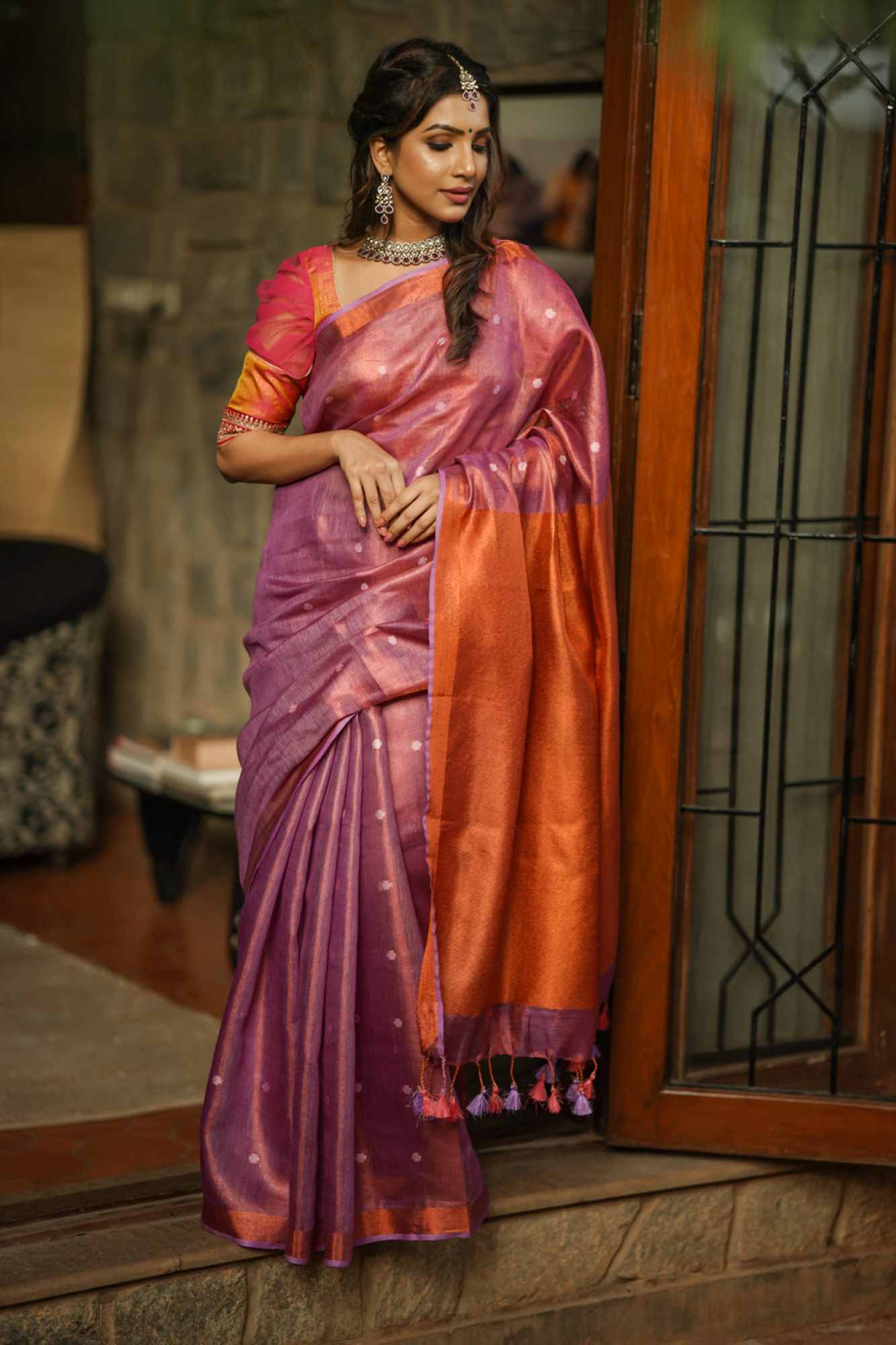 Prestitched Saree amethyst Copper Tissue Stunning Linen Saree with Chunri Butis and  Tissue on Pallu! Wrap in 1 minute saree