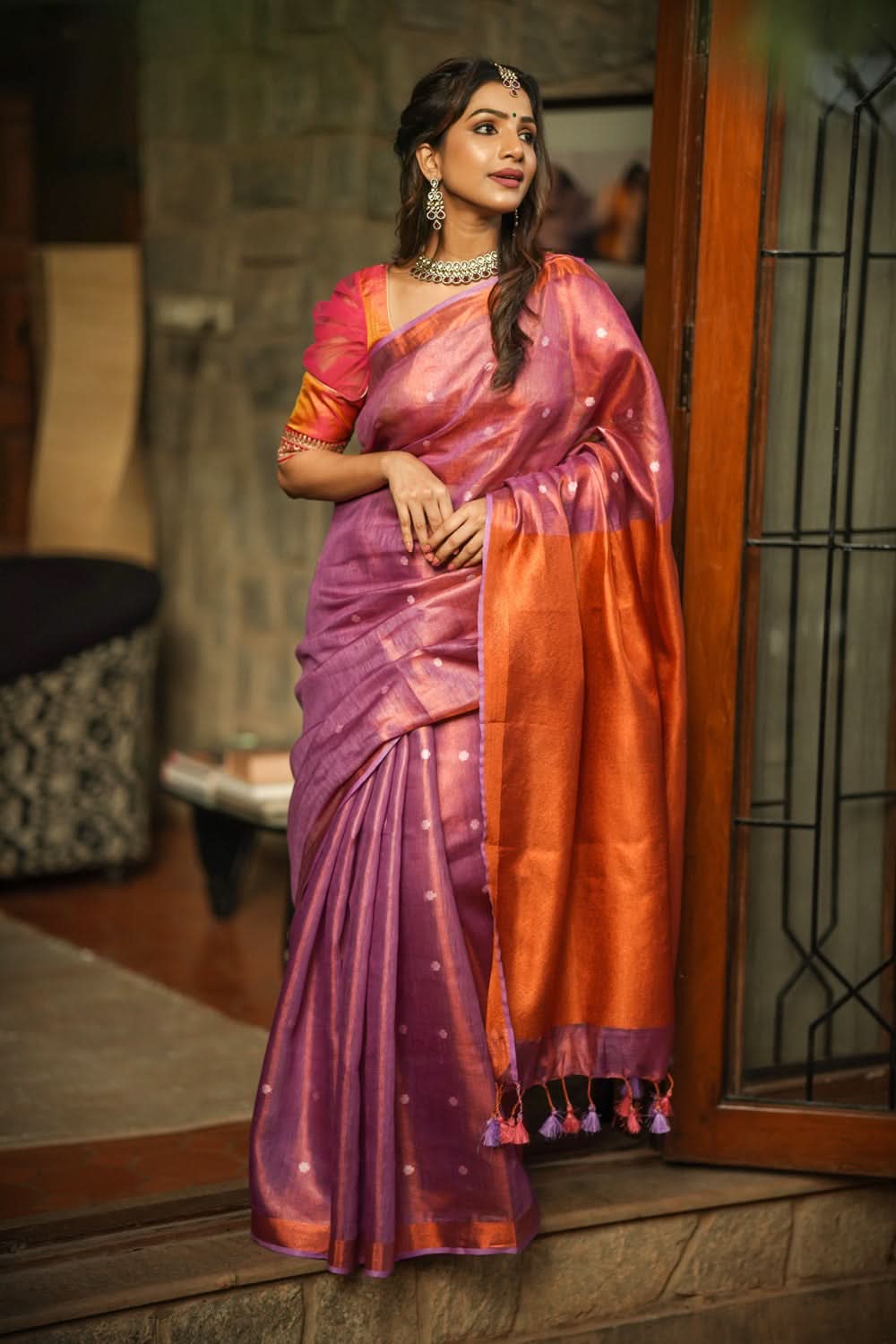 Amethyst Copper Tissue Stunning Tissue Linen Saree with Chunri Butis and Full Tissue Pallu | Shobitam