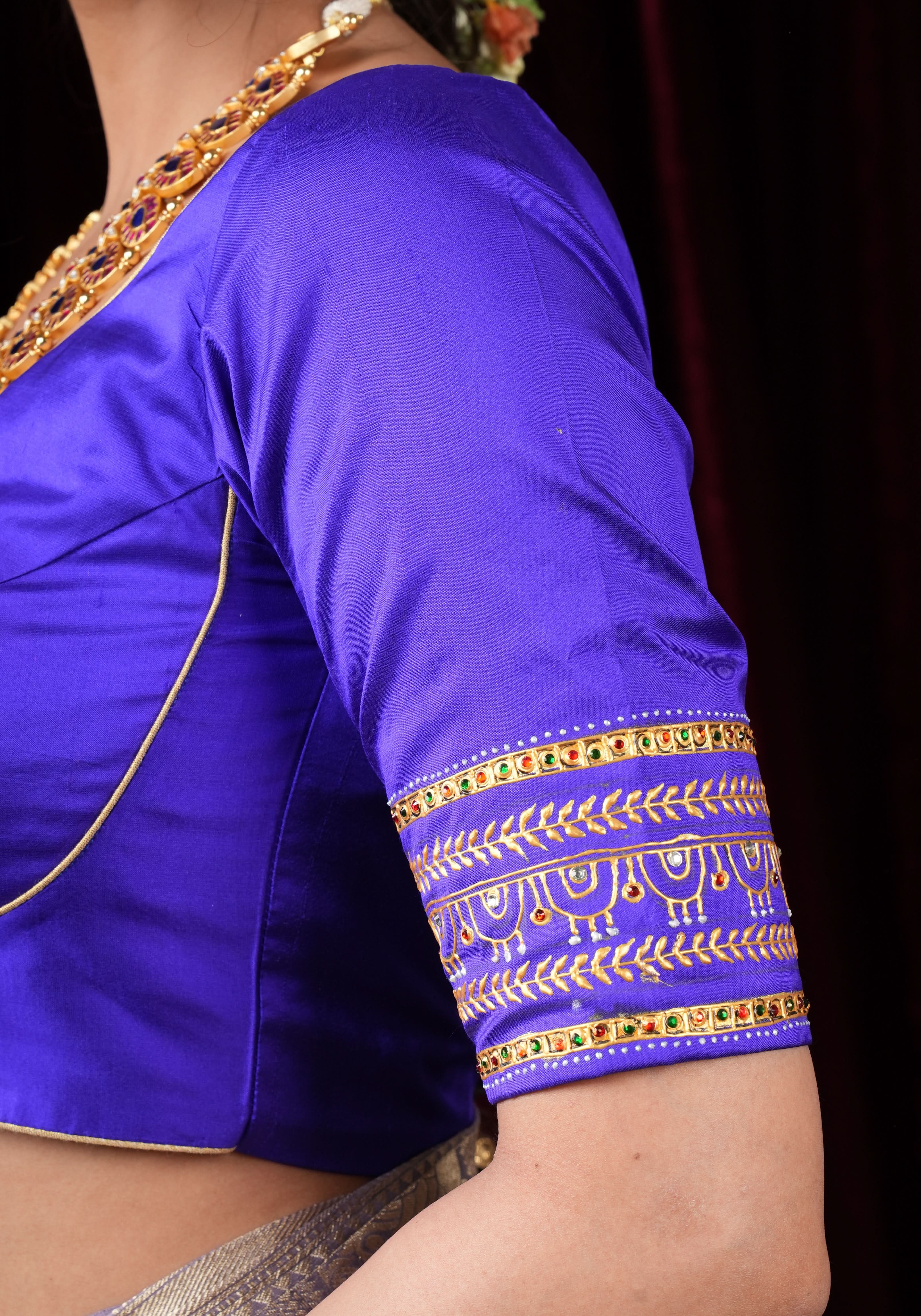 Baby Krishna and Yashodha - Tanjore Handpainting with hand embellished stones and 3d work on Pure silk Purple Blouse, Made to Order | Shobitam