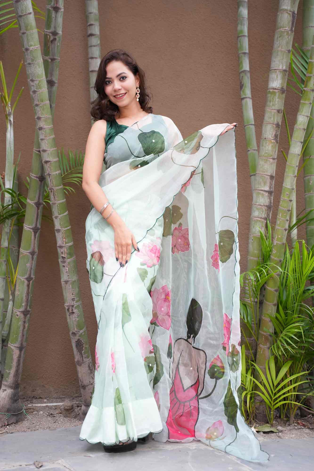 Beautiful Artistic & Floral Printed With Scalloped Border And Sequin Embellished Ready To Wear Saree