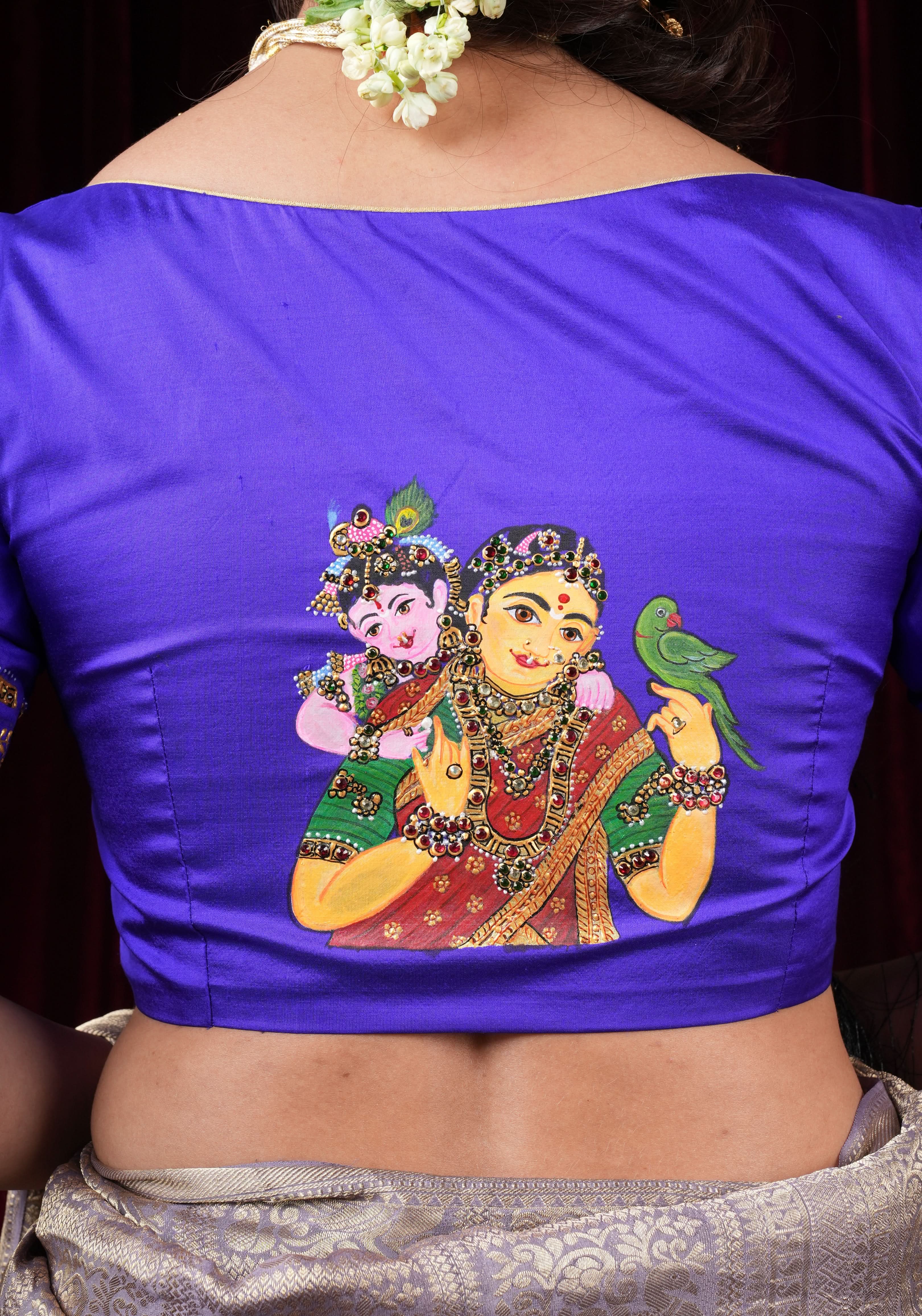 Baby Krishna and Yashodha - Tanjore Handpainting with hand embellished stones and 3d work on Pure silk Purple Blouse, Made to Order | Shobitam