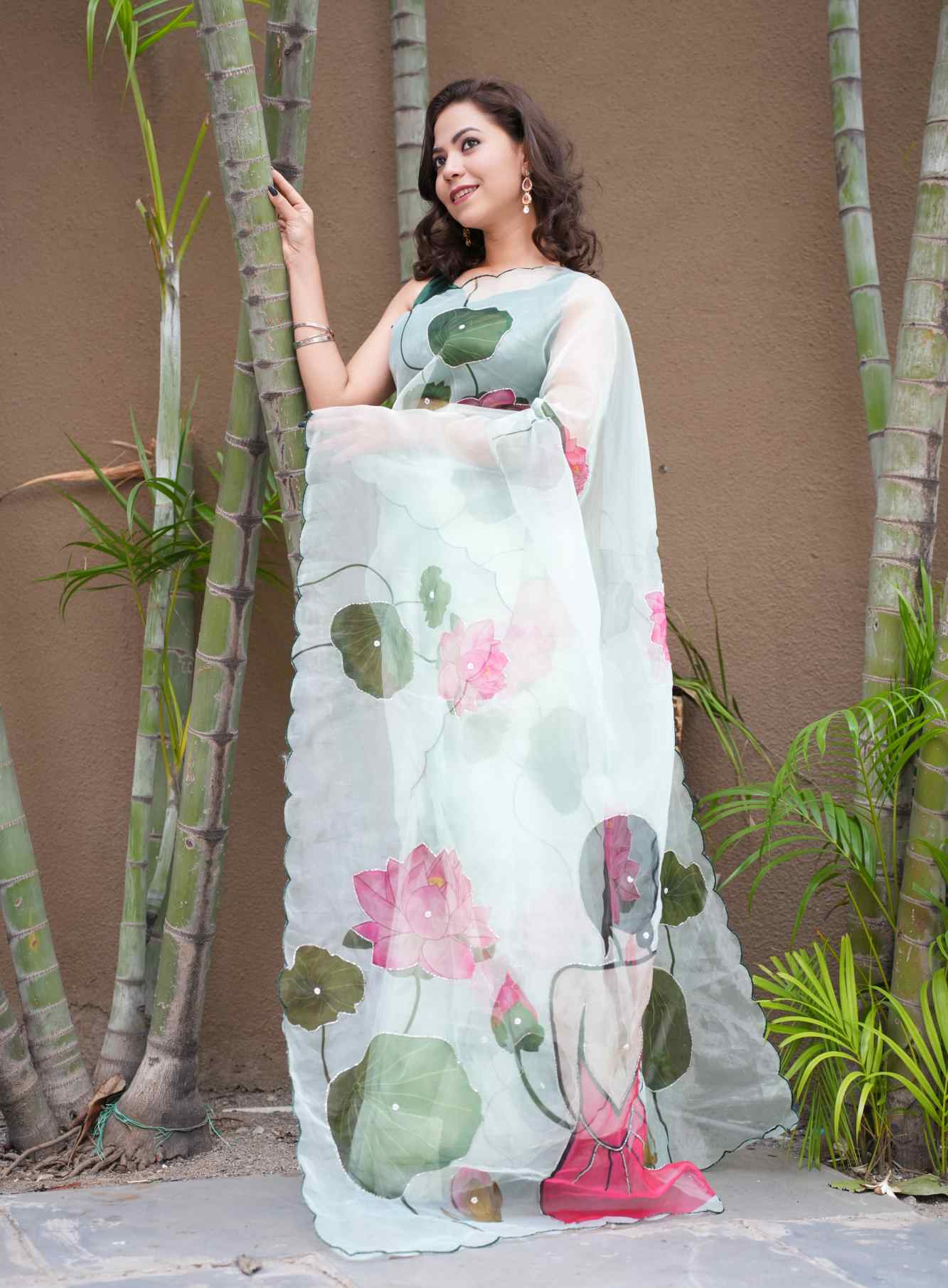 Beautiful Artistic & Floral Printed With Scalloped Border And Sequin Embellished Ready To Wear Saree