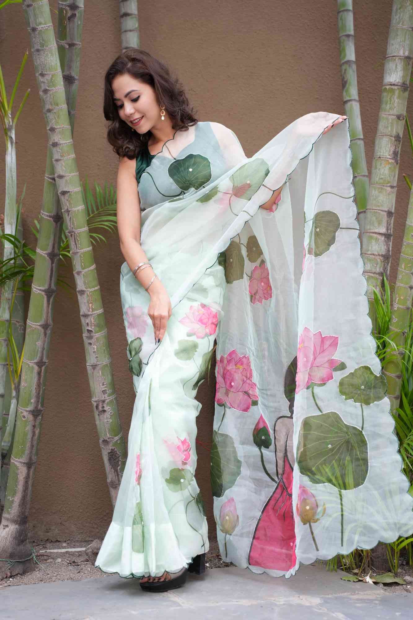 Beautiful Artistic & Floral Printed With Scalloped Border And Sequin Embellished Ready To Wear Saree