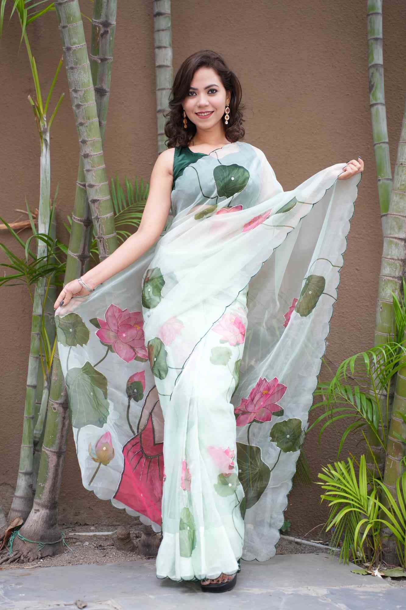 Beautiful Artistic & Floral Printed With Scalloped Border And Sequin Embellished Ready To Wear Saree