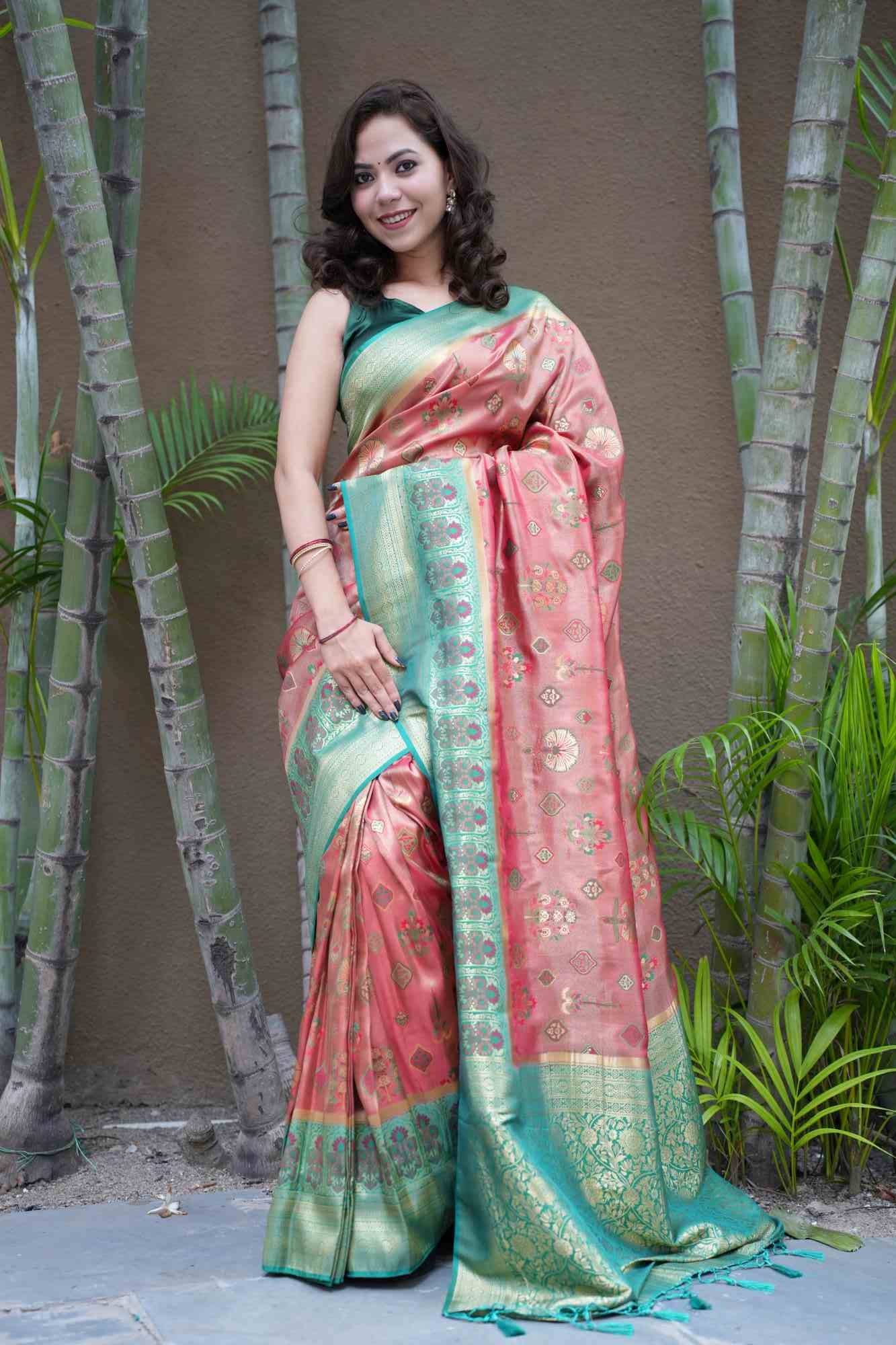 Dhoop Chaav Kanjivaram With Contrast  Green Border & Overall Zari Work Wrap in 1 minute saree