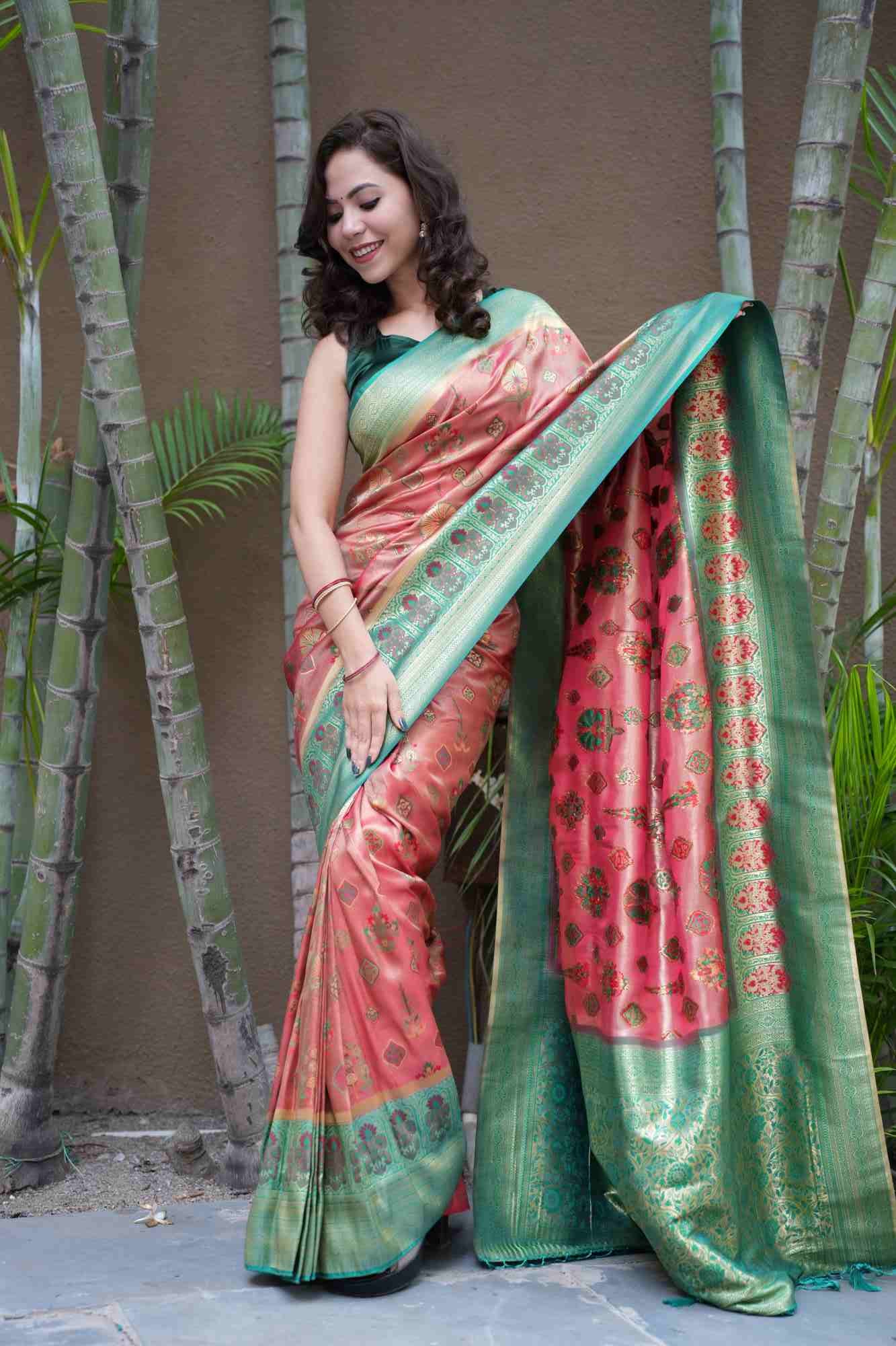 Dhoop Chaav Kanjivaram With Contrast  Green Border & Overall Zari Work Wrap in 1 minute saree