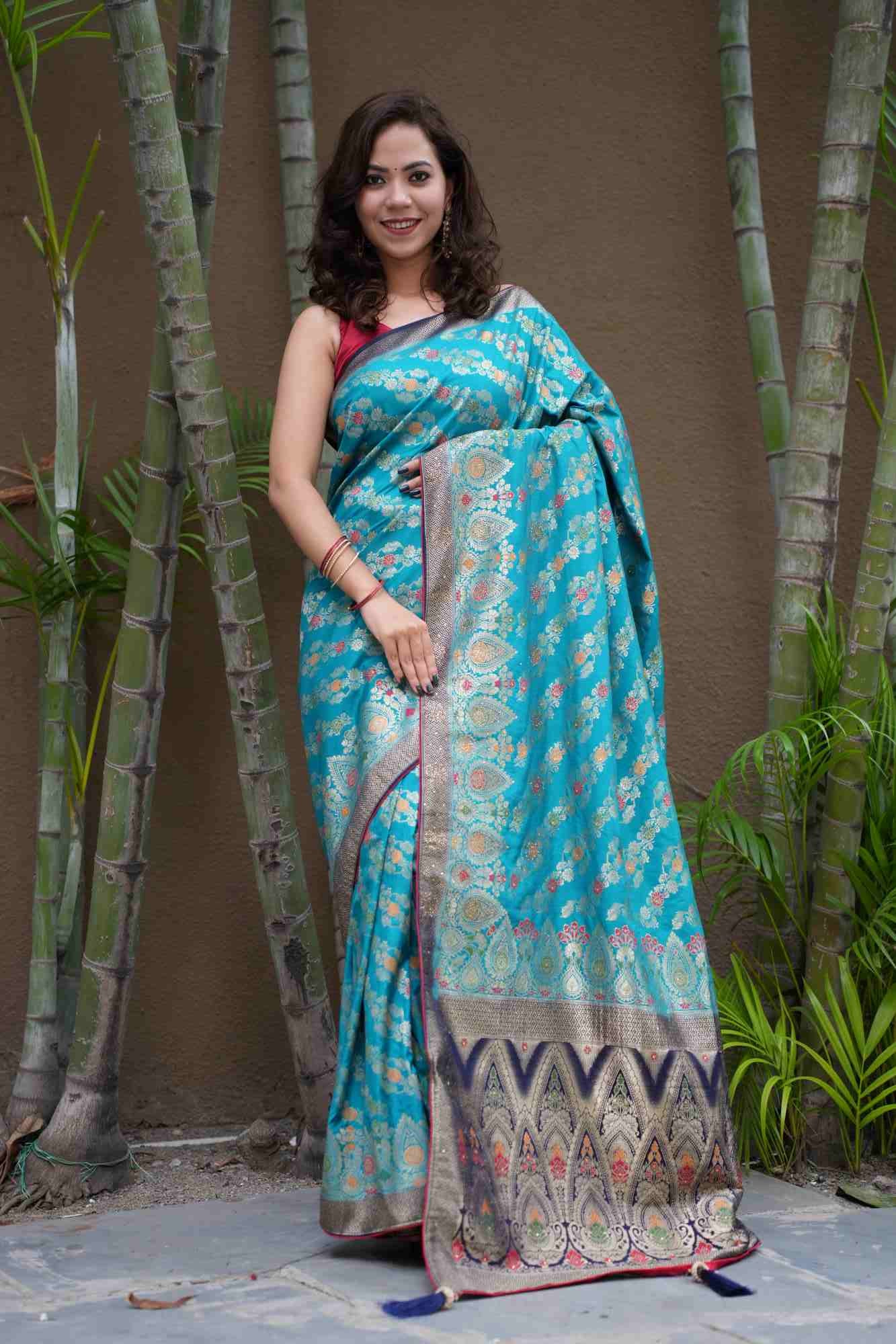 Sea Blue Banarasi Silk With Zari Motif Woven Overall & Contrast Border Ornate Palla Pre Drape Saree