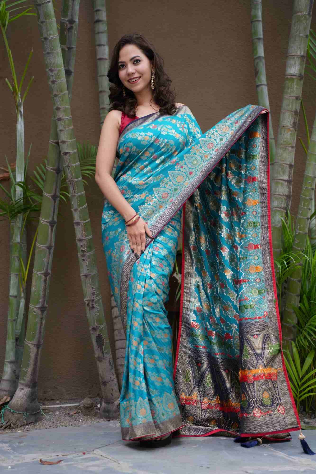 Sea Blue Banarasi Silk With Zari Motif Woven Overall & Contrast Border Ornate Palla Pre Drape Saree