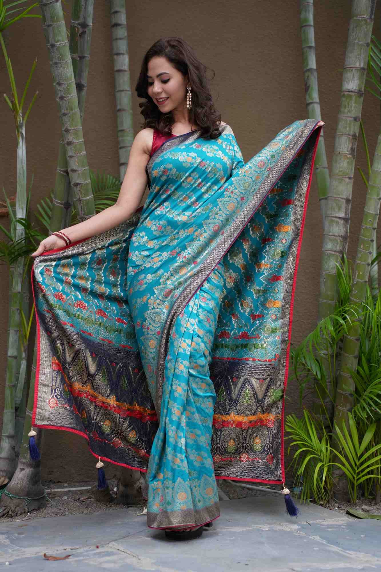 Sea Blue Banarasi Silk With Zari Motif Woven Overall & Contrast Border Ornate Palla Pre Drape Saree