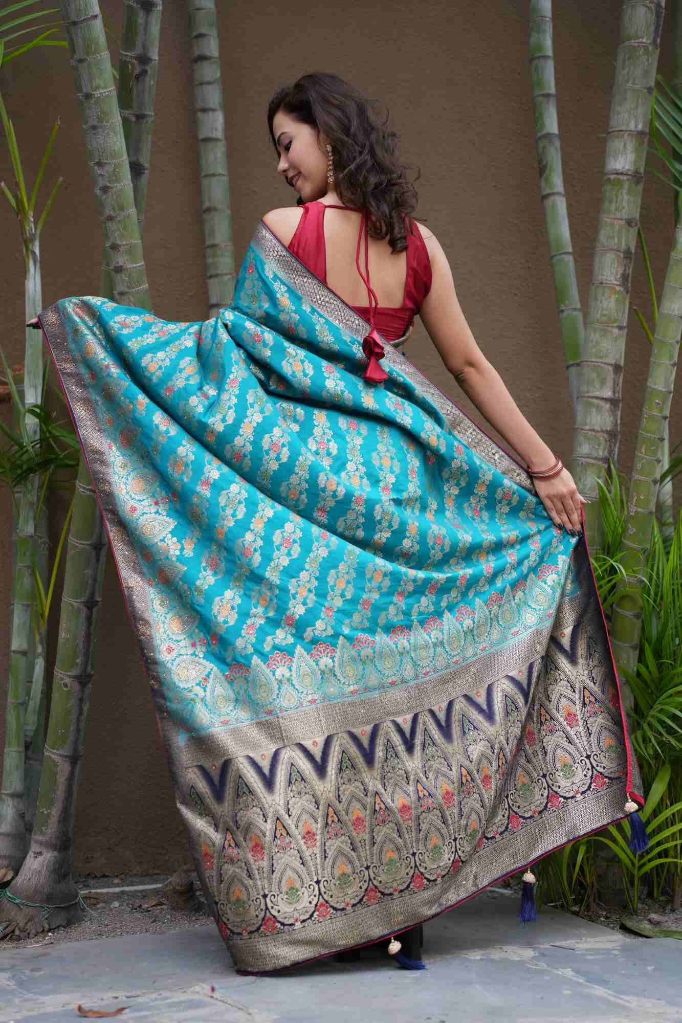 Sea Blue Banarasi Silk With Zari Motif Woven Overall & Contrast Border Ornate Palla Pre Drape Saree