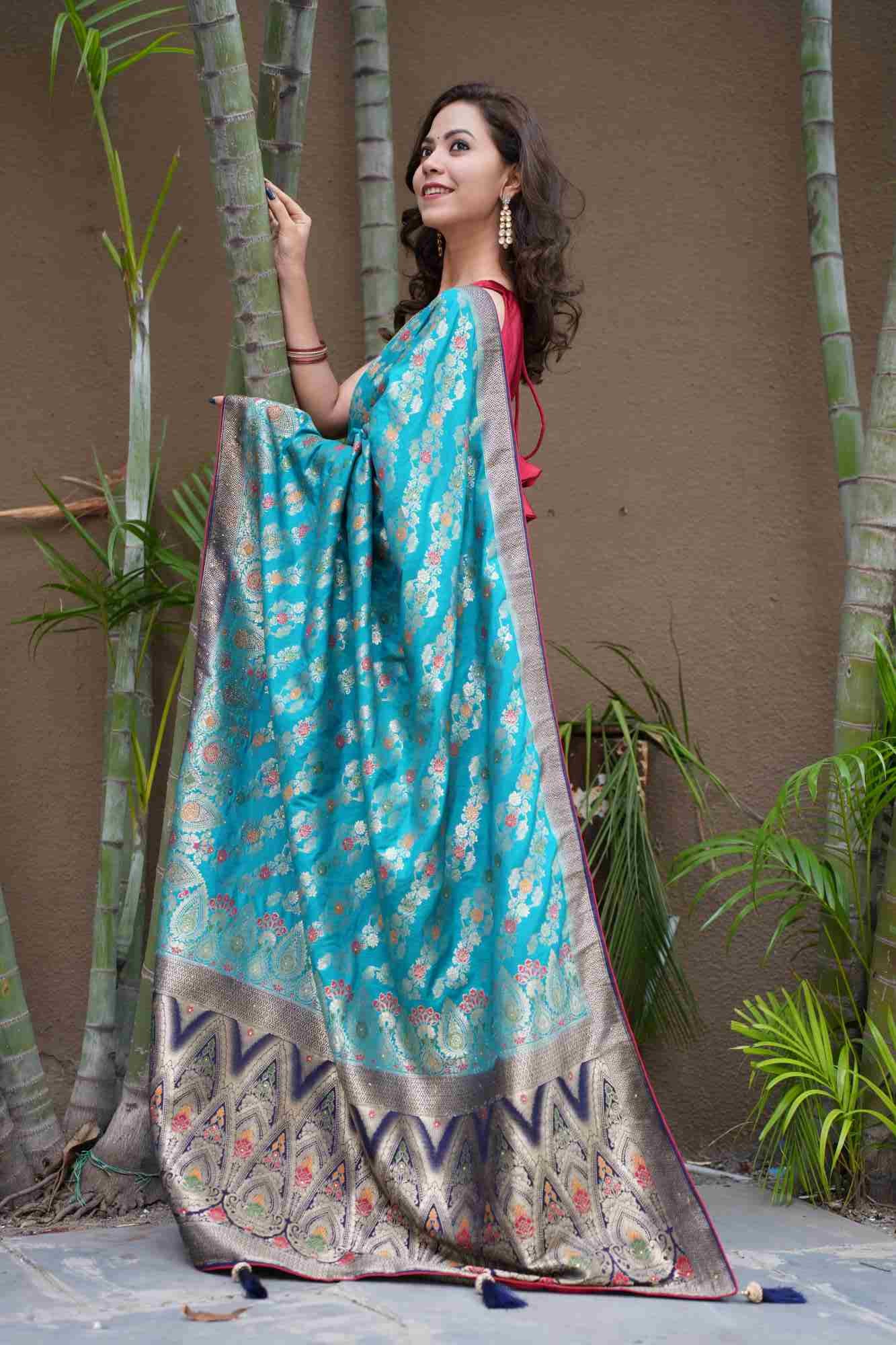 Sea Blue Banarasi Silk With Zari Motif Woven Overall & Contrast Border Ornate Palla Pre Drape Saree