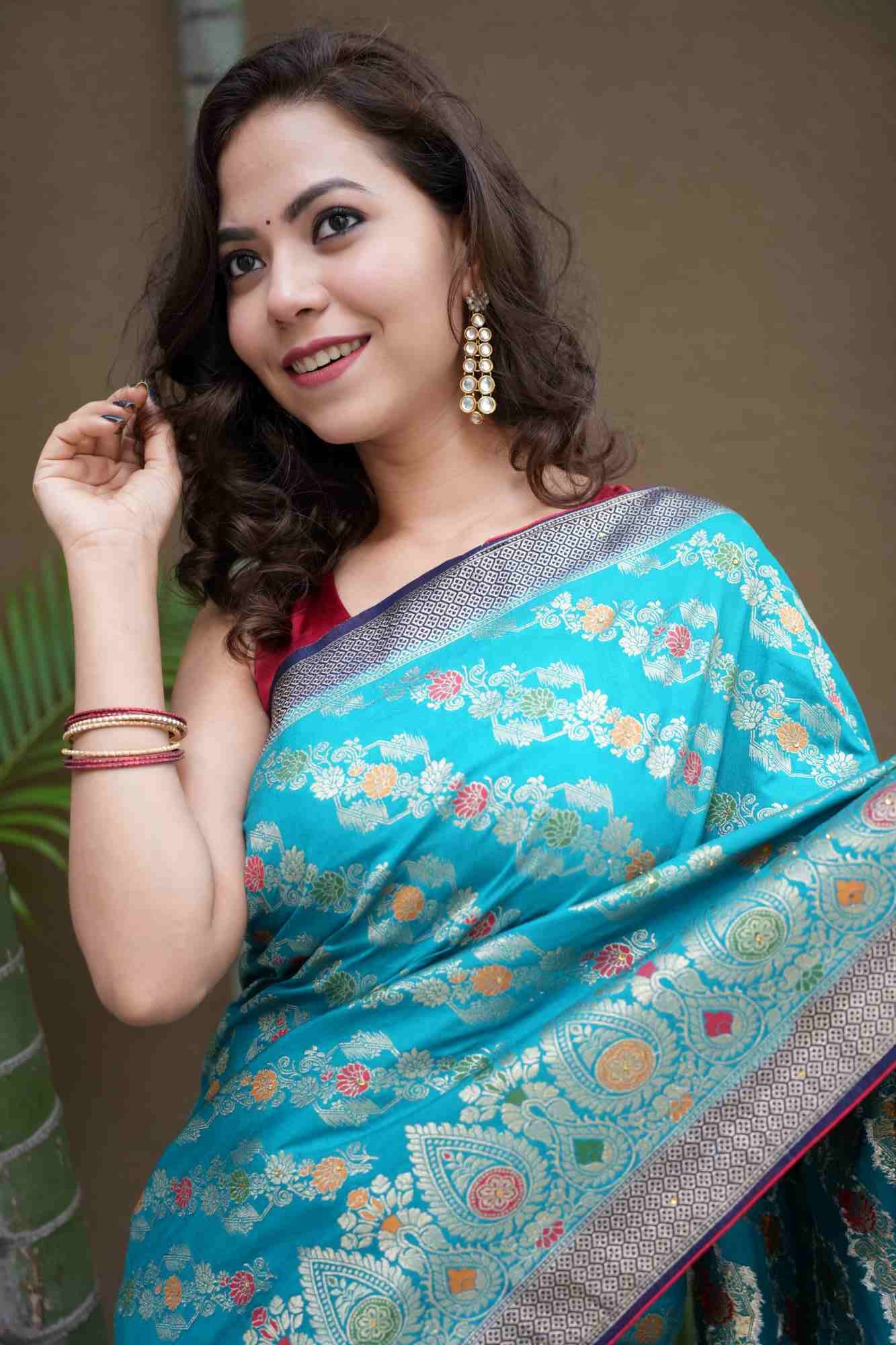 Sea Blue Banarasi Silk With Zari Motif Woven Overall & Contrast Border Ornate Palla Pre Drape Saree