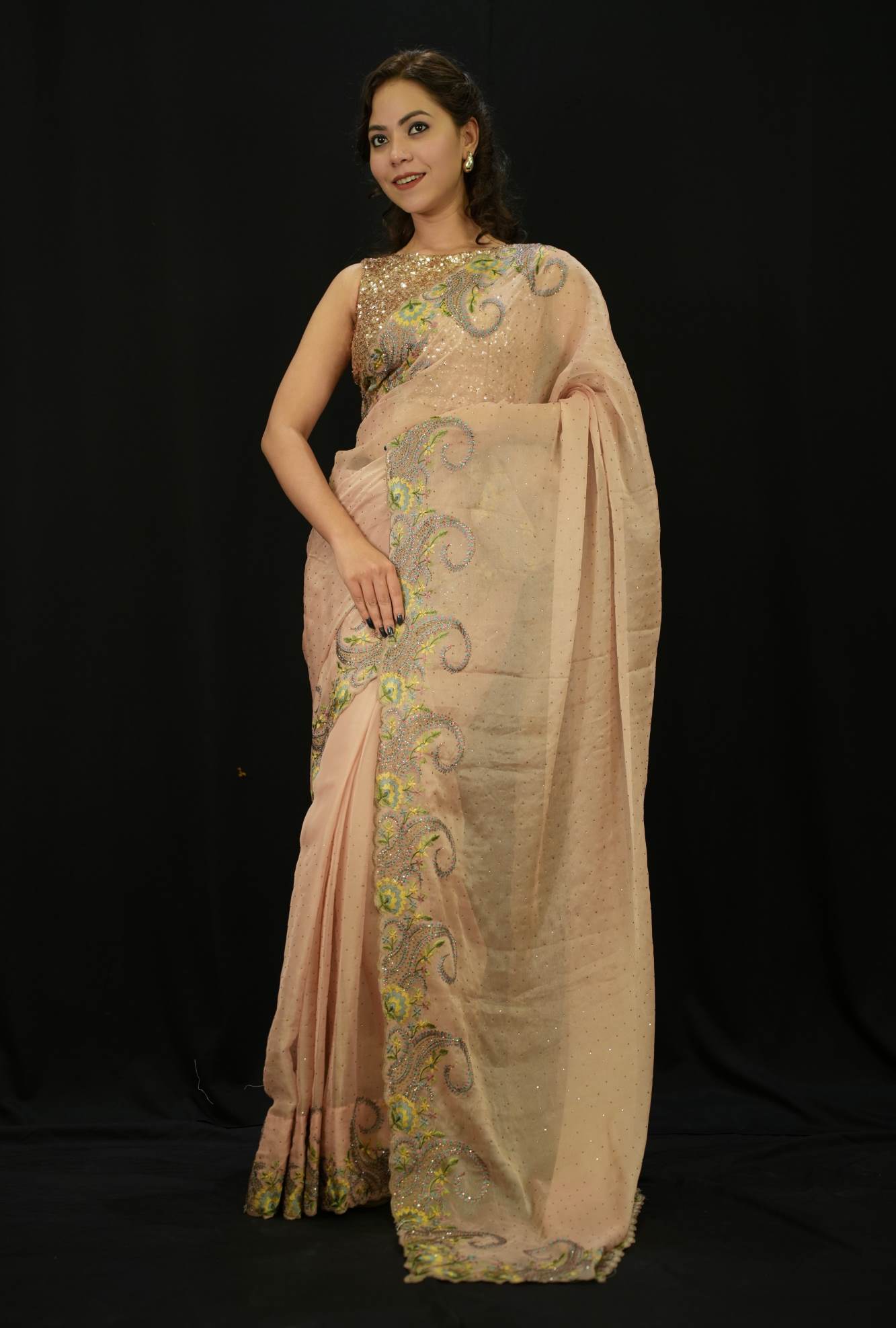 Soft & Shimmery Jimmy Choo  With Golden  & Sequin Embroidered Pre Drape Saree