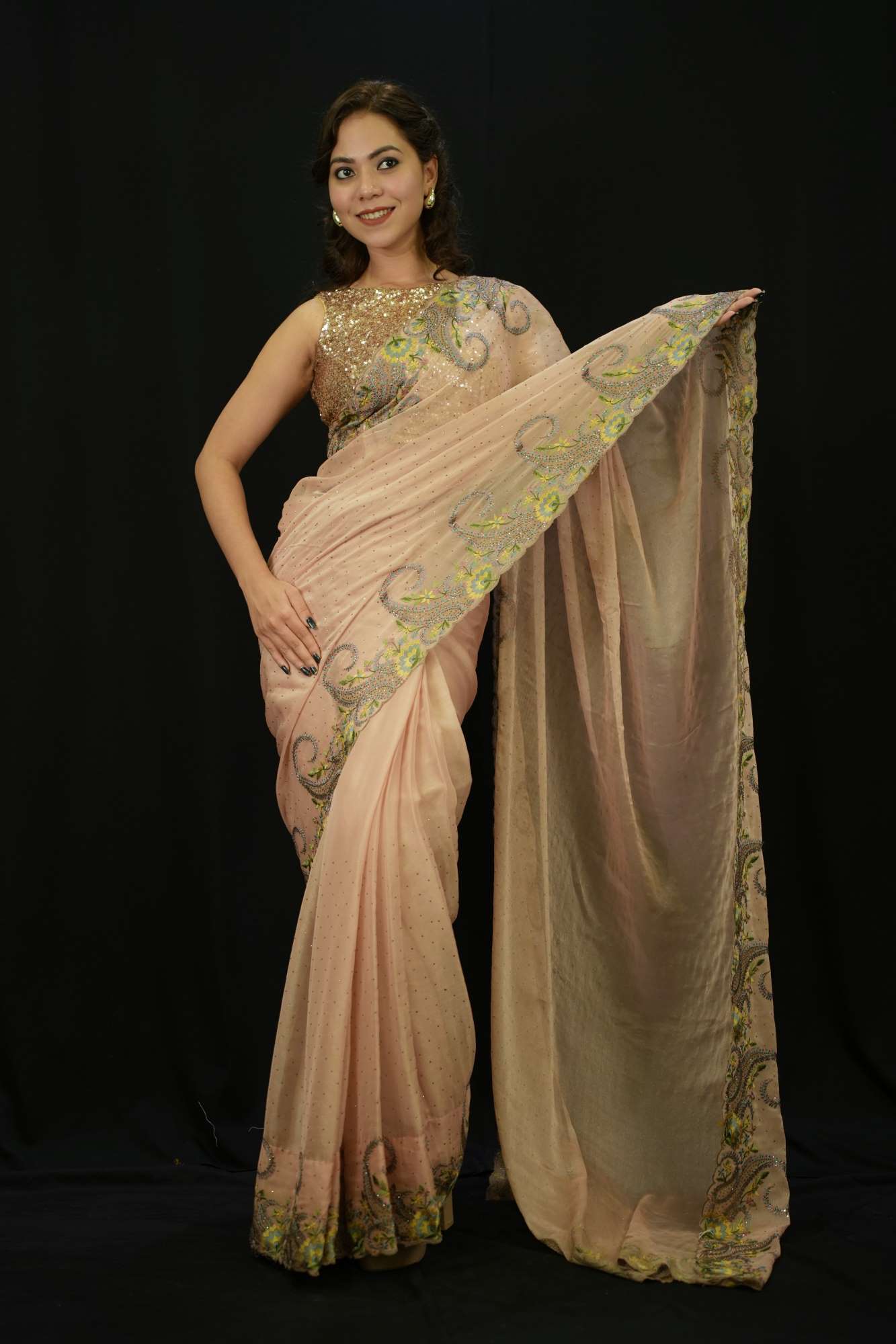 Soft & Shimmery Jimmy Choo  With Golden  & Sequin Embroidered Pre Drape Saree