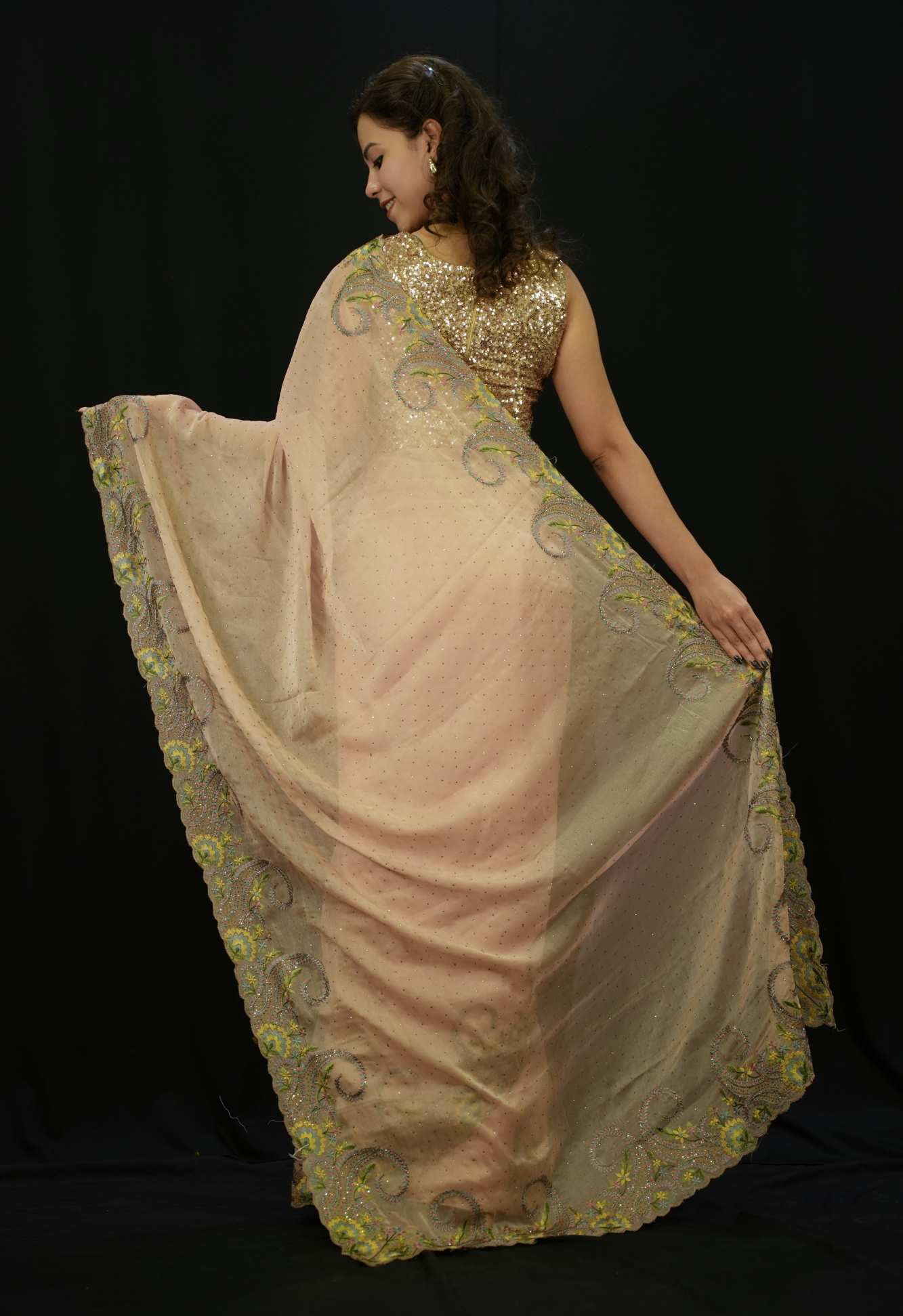 Soft & Shimmery Jimmy Choo  With Golden  & Sequin Embroidered Pre Drape Saree