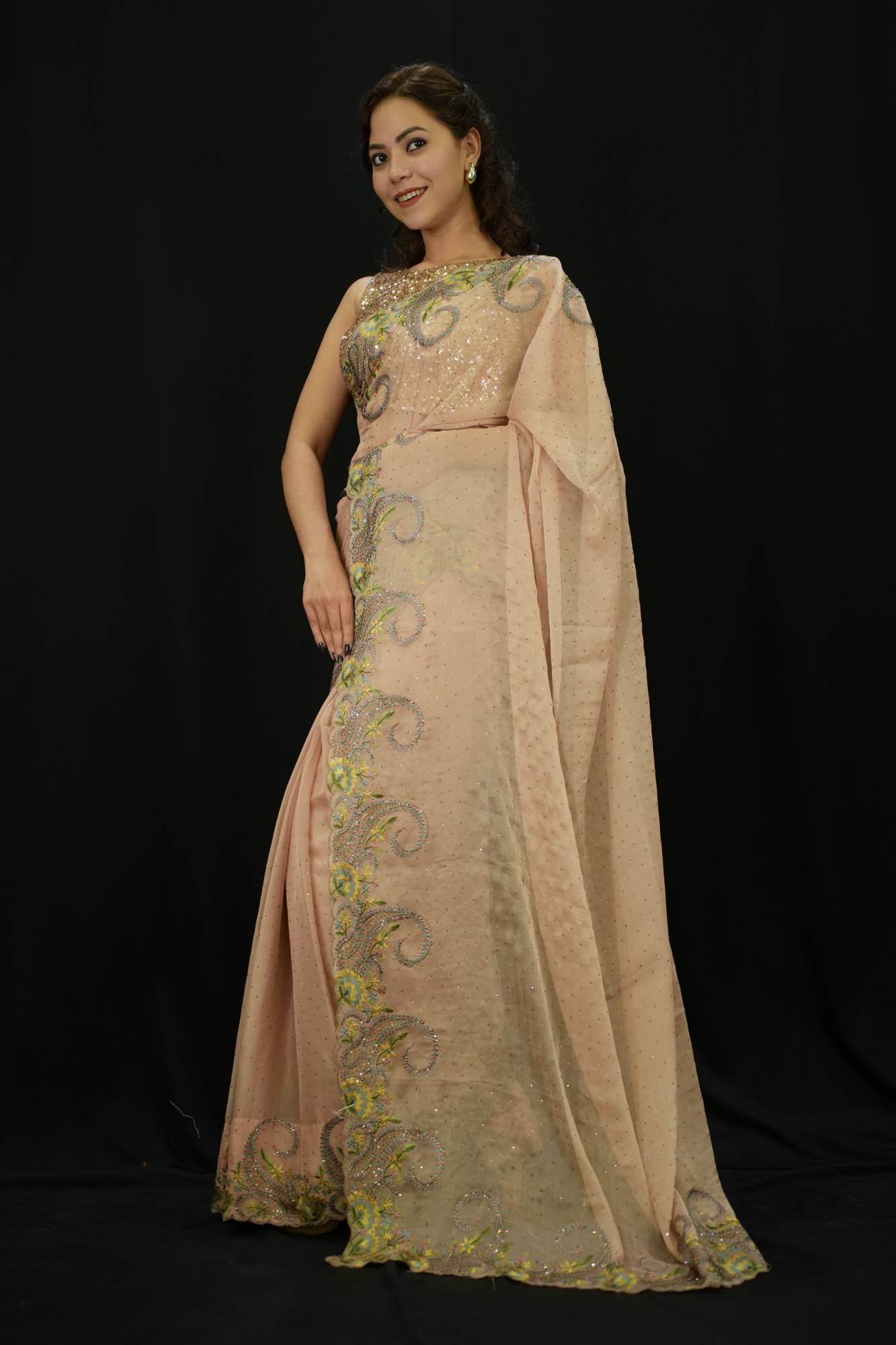 Soft & Shimmery Jimmy Choo  With Golden  & Sequin Embroidered Pre Drape Saree