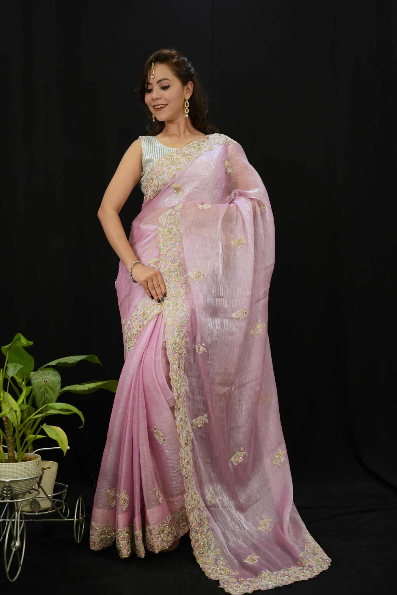 Exquisite  Embroidery Bordered  Pink Shimmery Jimmy Choo  Pre Drape Saree