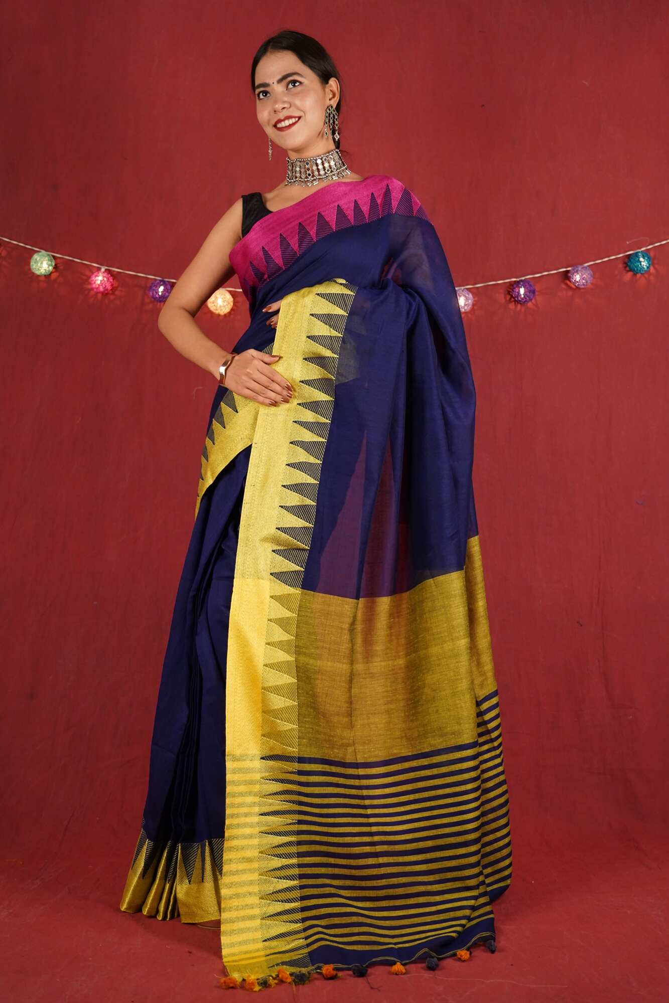 Beautiful handloom linen with temple border and sequins woven wrap in 1 minute saree - Isadora Life