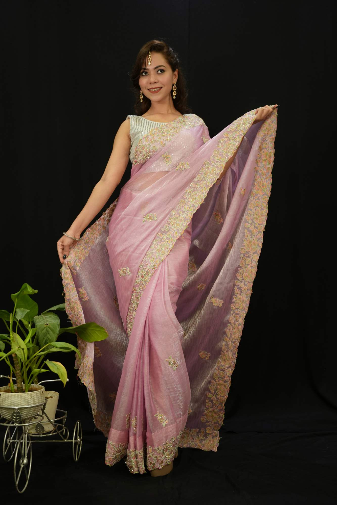 Exquisite  Embroidery Bordered  Pink Shimmery Jimmy Choo  Pre Drape Saree