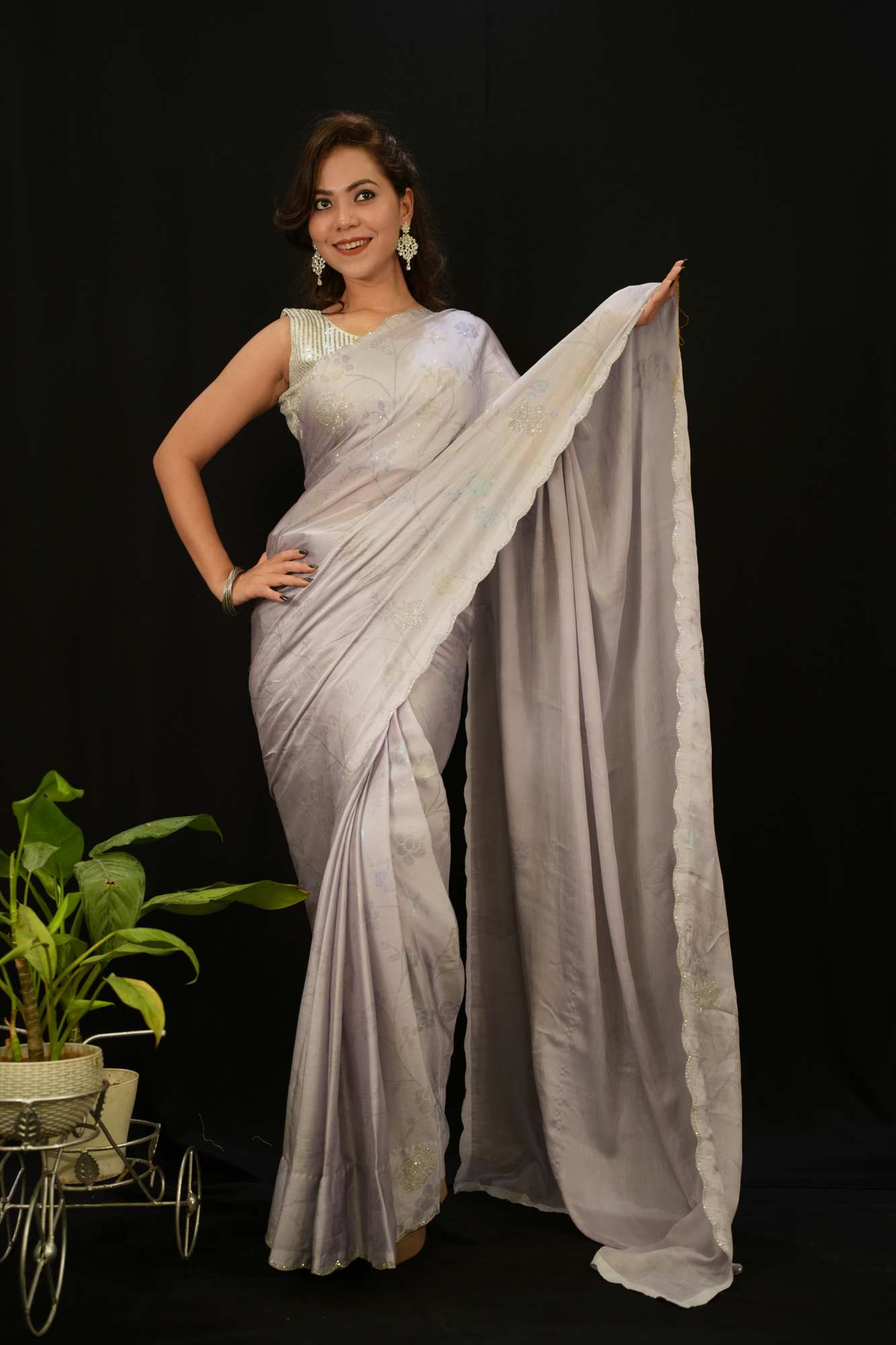 Grey Soft Chiffon Digital  Print With Overall Stone Embellished Wrap in 1 Minute Saree.