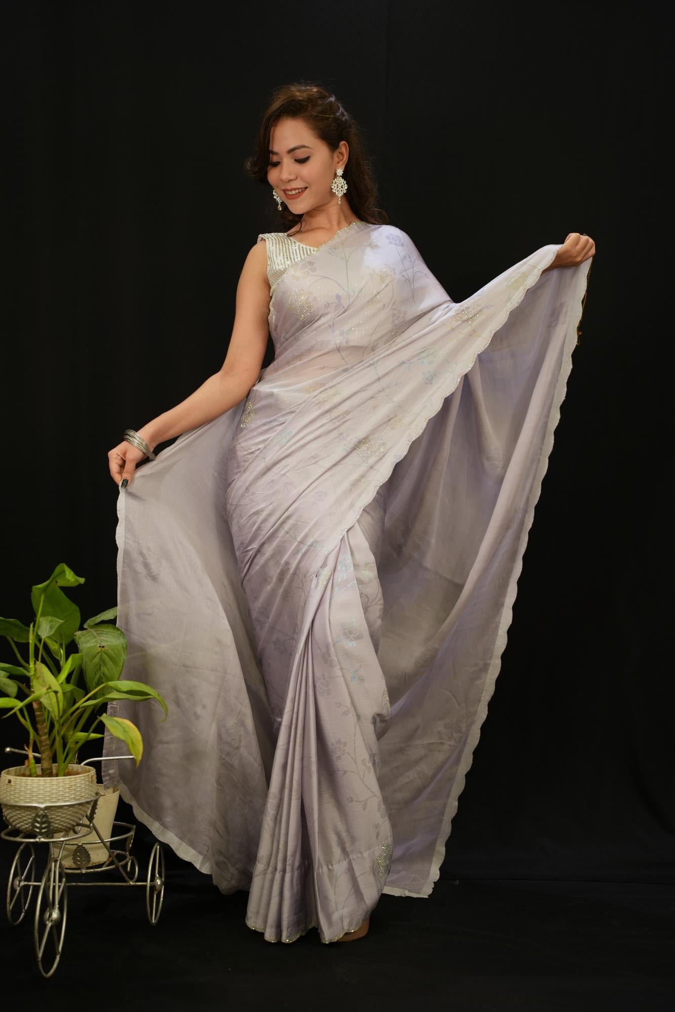 Grey Soft Chiffon Digital  Print With Overall Stone Embellished Wrap in 1 Minute Saree.