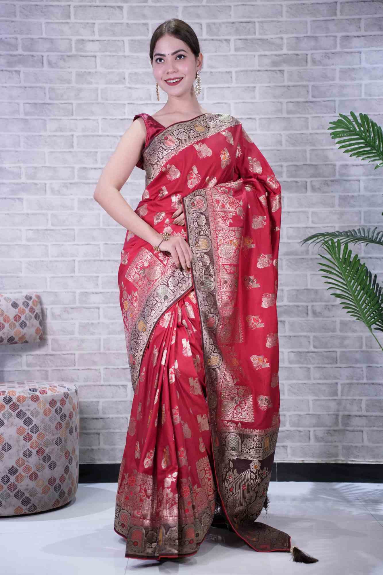 Exquisite Banarasi Over All Motif Woven & Stone Embellished With Detailed Border Pre Drape Saree