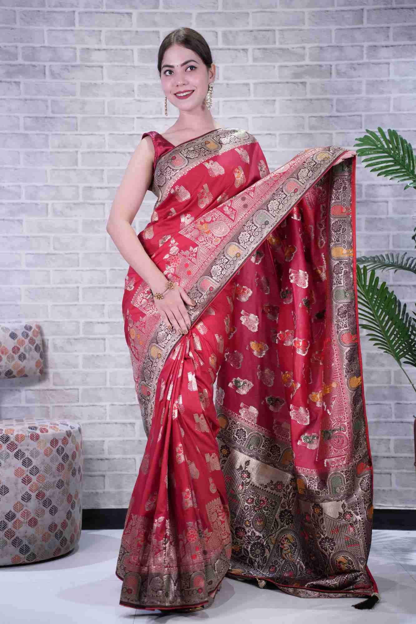 Exquisite Banarasi Over All Motif Woven & Stone Embellished With Detailed Border Pre Drape Saree