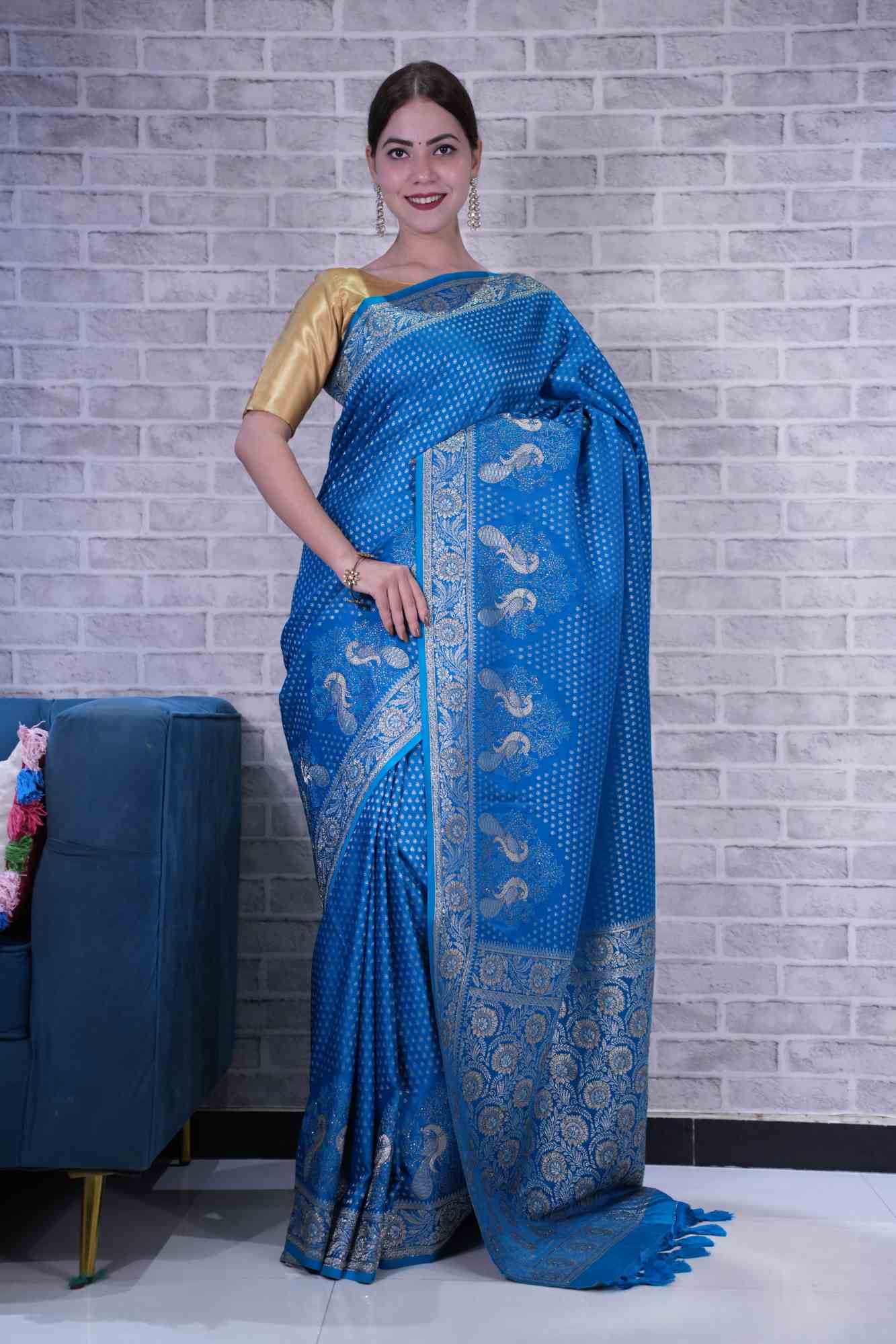 Blue Banarasi With Peacock Zari Dotted Work With Detailed  Border & Overall Stone Embellished  Wrap In One Minute Saree