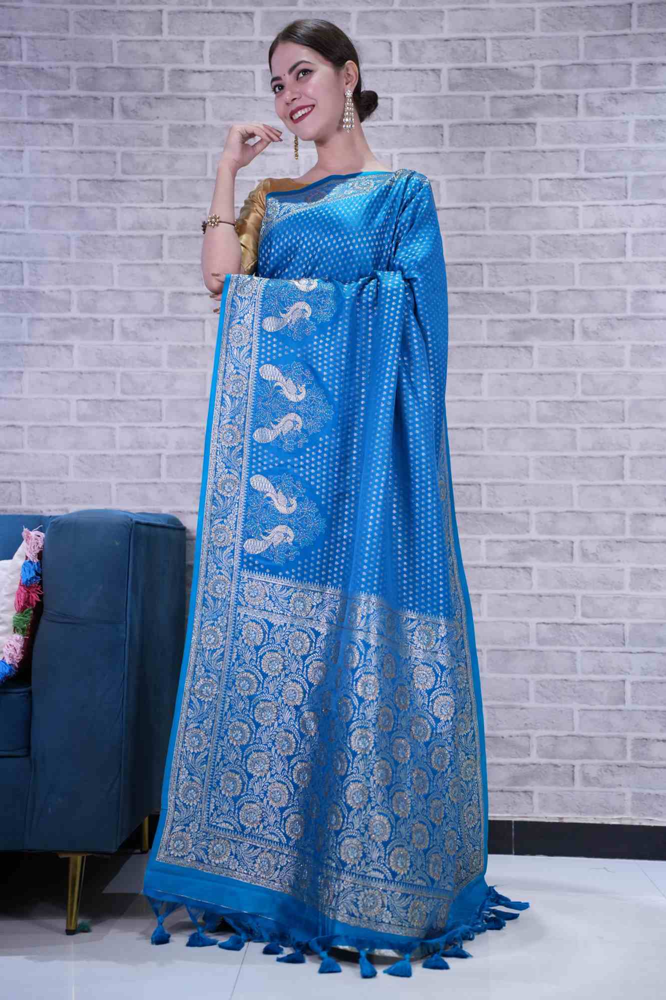 Blue Banarasi With Peacock Zari Dotted Work With Detailed  Border & Overall Stone Embellished  Wrap In One Minute Saree