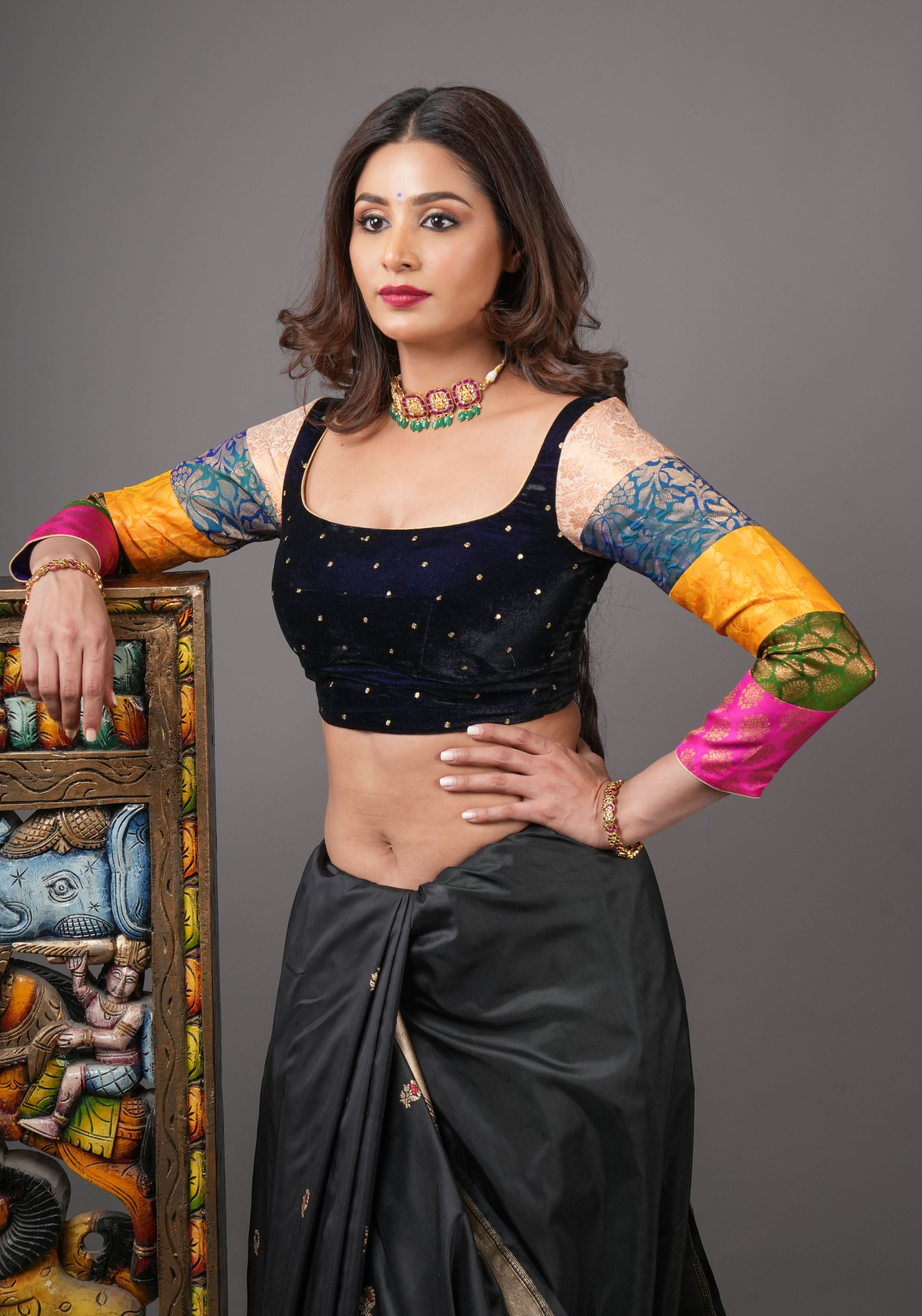 Statement Patchwork Pure Kanjivaram Silk Brocade and Midnight Blue Velvet Blouse  , Made to Order | Shobitam