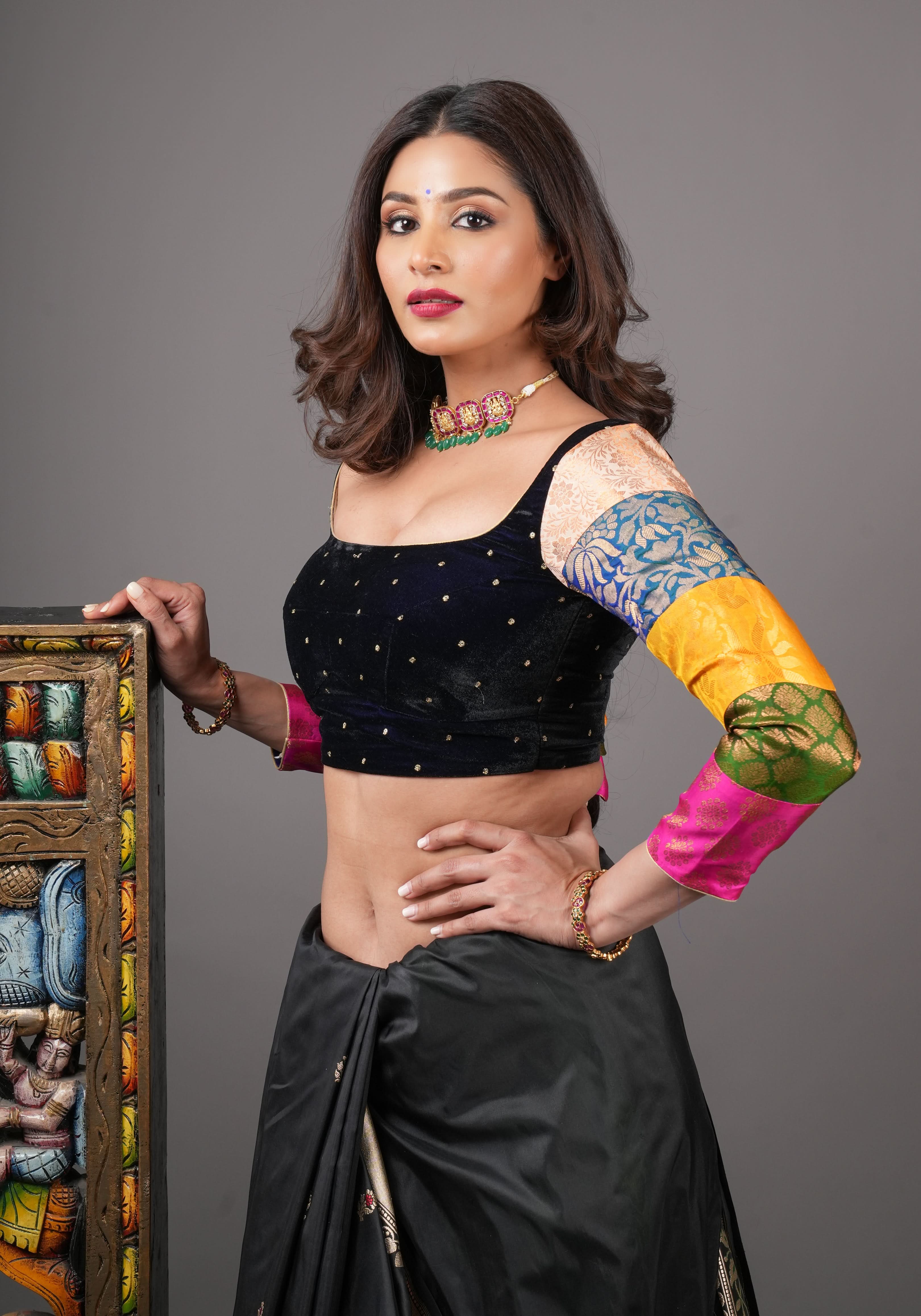 Statement Patchwork Pure Kanjivaram Silk Brocade and Midnight Blue Velvet Blouse  , Made to Order | Shobitam