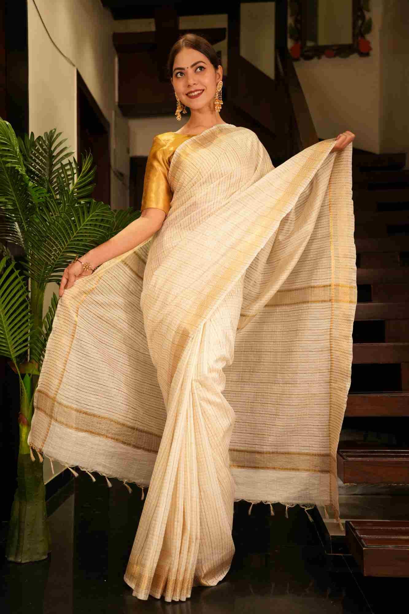 Bhagalpuri Off white Kasavu Cotton Silk With  All Over Check & Tassle on  Pallu Wrap in 1 minute saree