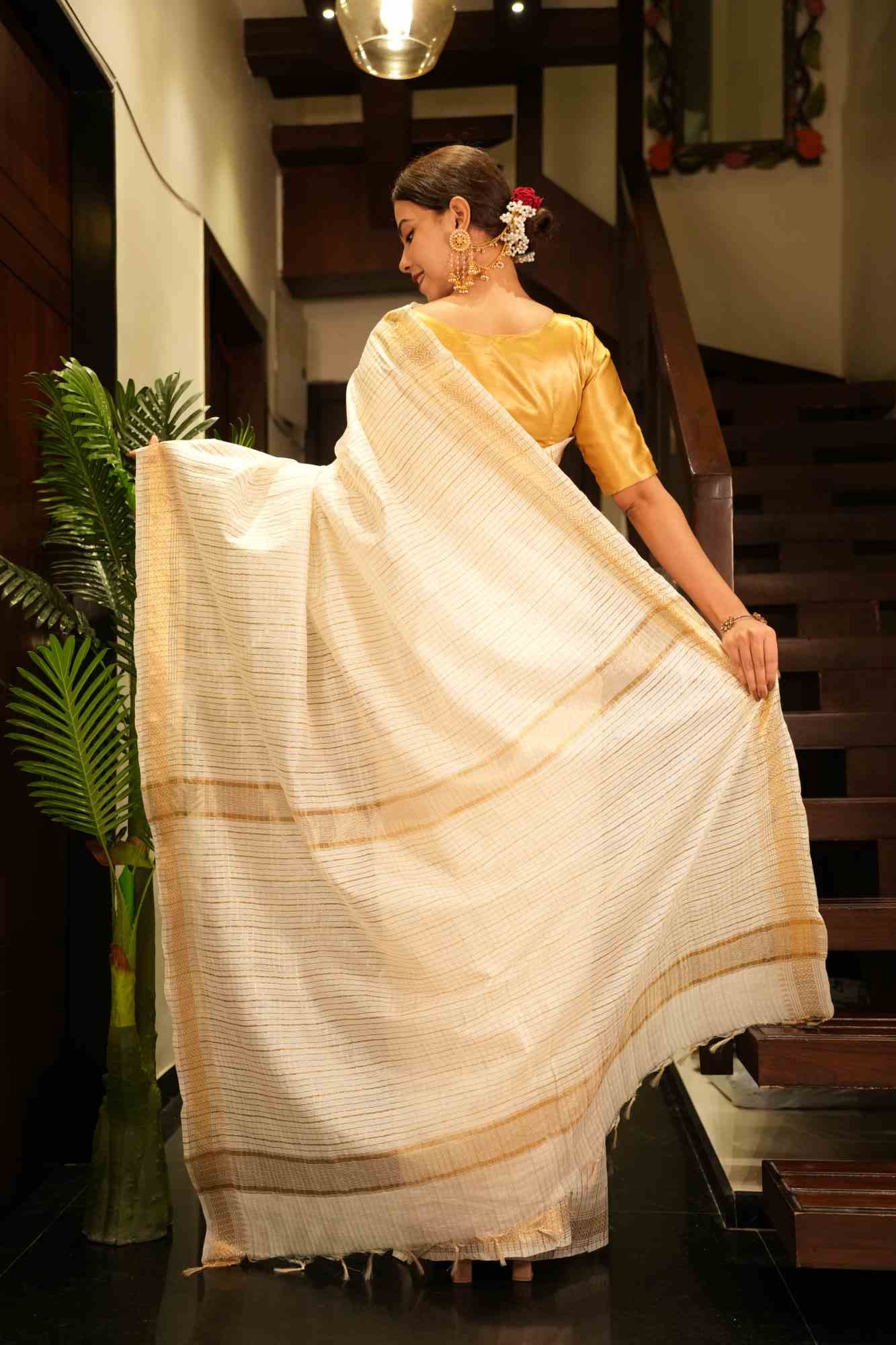 Bhagalpuri Off white Kasavu Cotton Silk With  All Over Check & Tassle on  Pallu Wrap in 1 minute saree